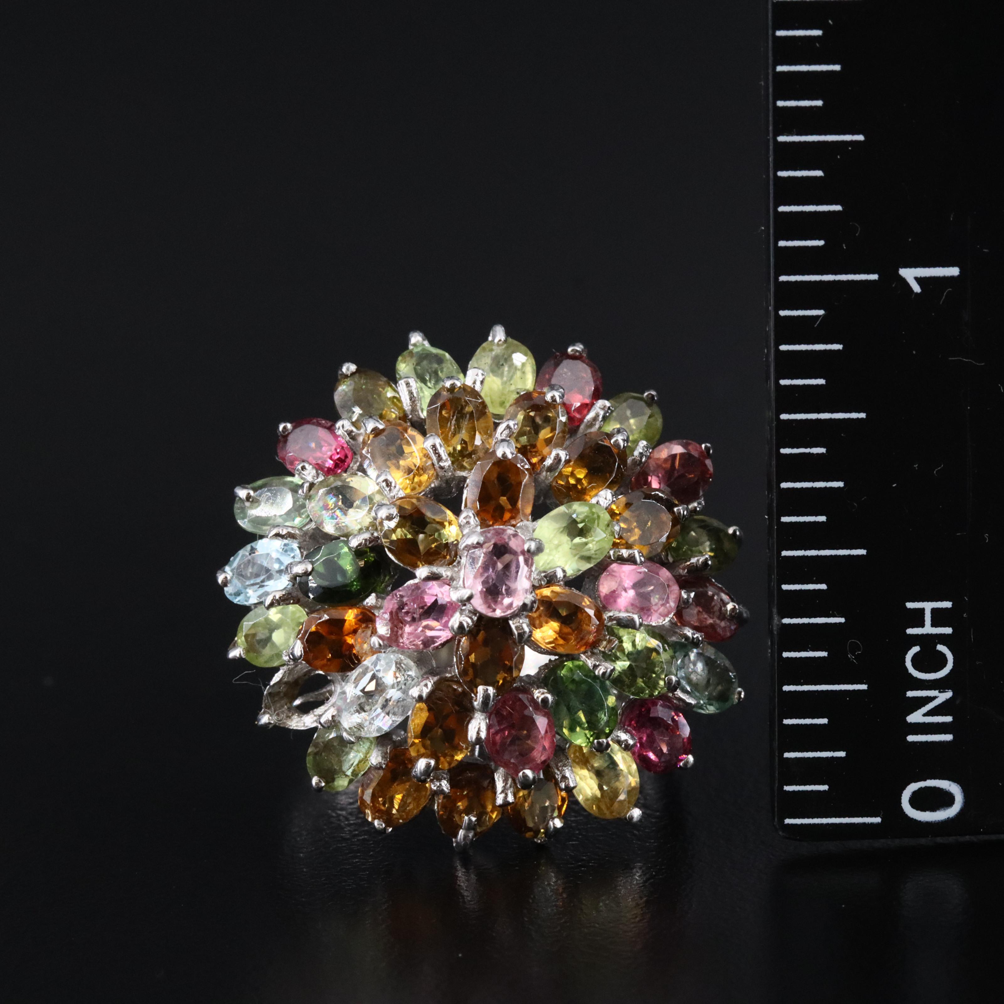 Sterling Tourmaline and Sapphire Cluster Ring