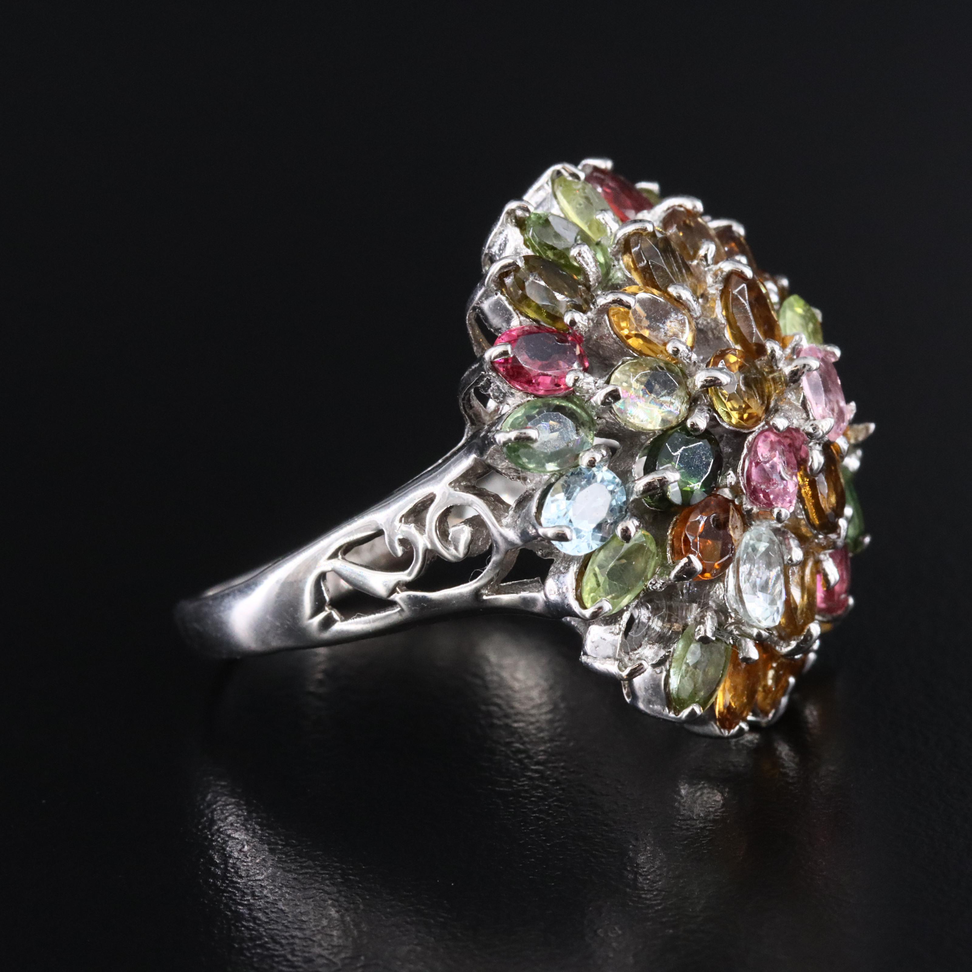 Sterling Tourmaline and Sapphire Cluster Ring