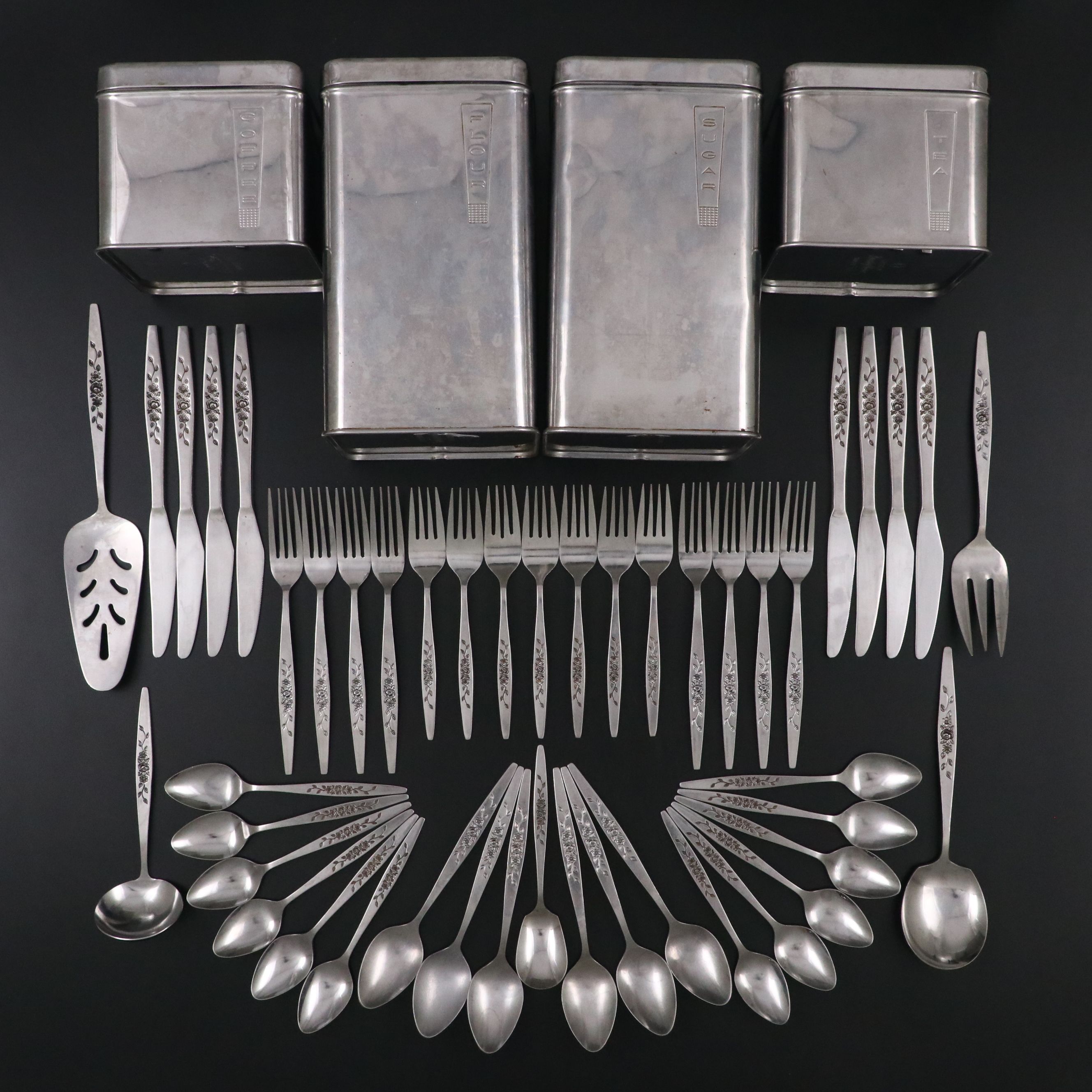 Mid Century Modern Lincoln Canisters with Orleans Stainless Flatware
