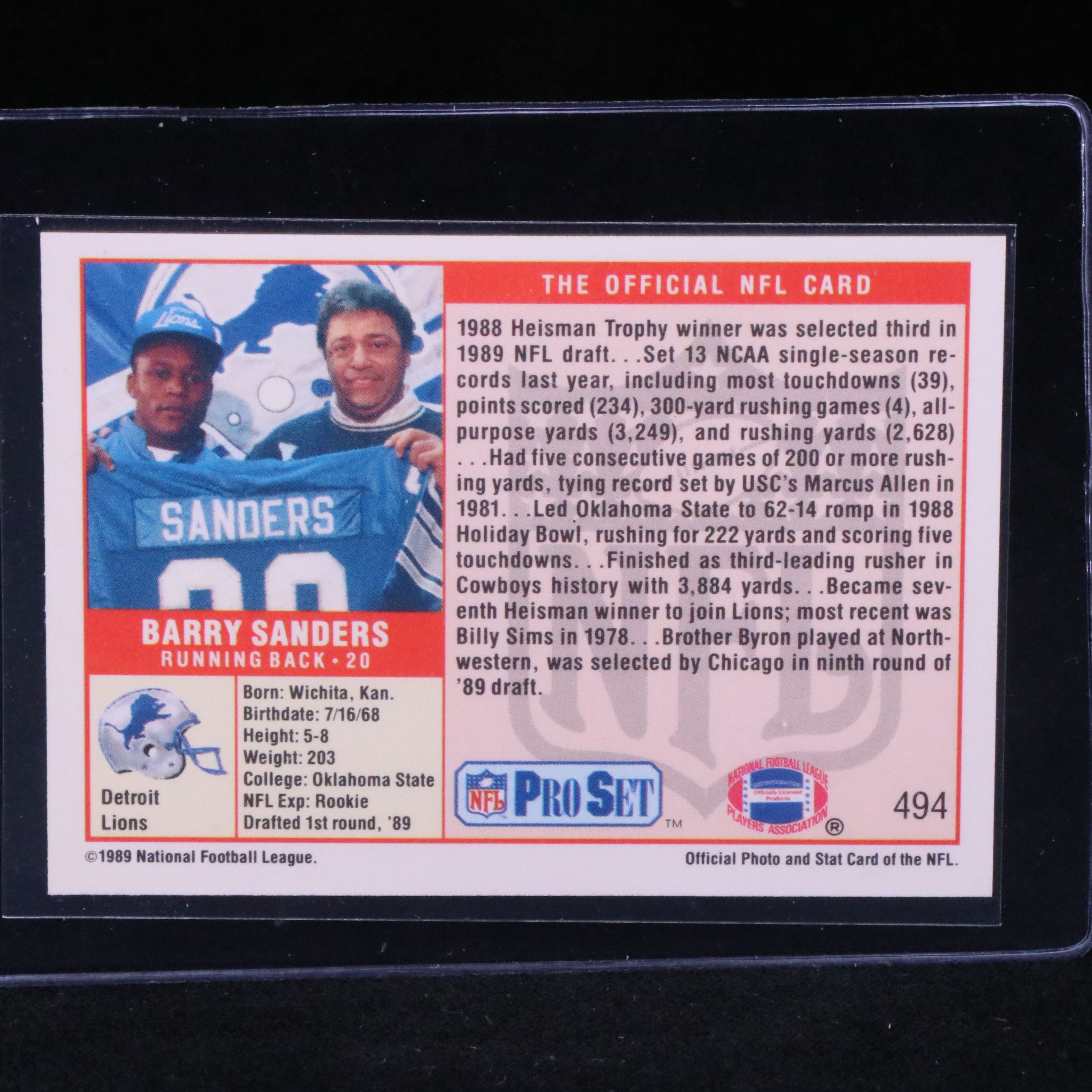 1989 NFL Pro Set Barry Sanders Detroit Lions Rookie Football Card