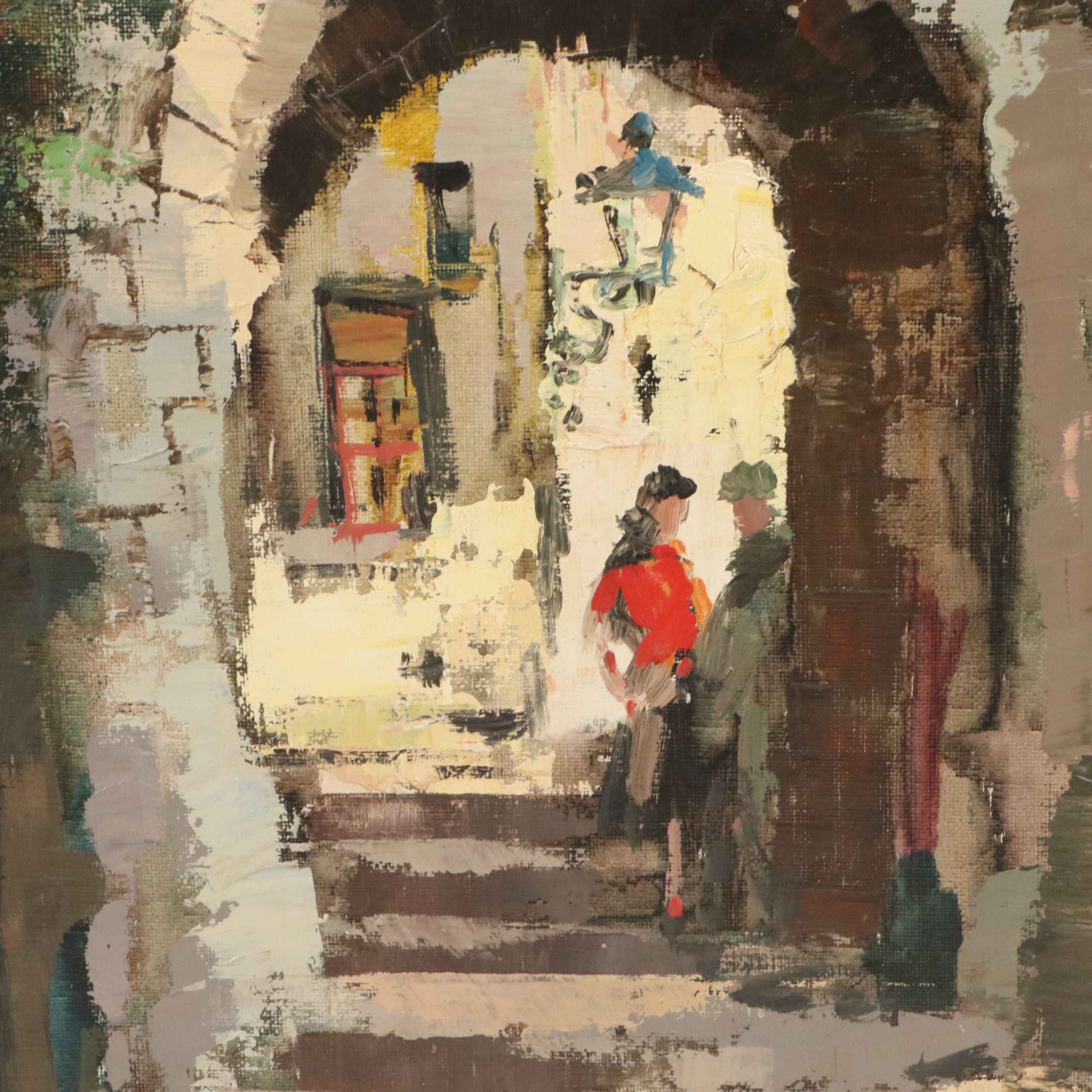Impressionistic Oil Painting of European Street Scene, Circa Late 20th Century