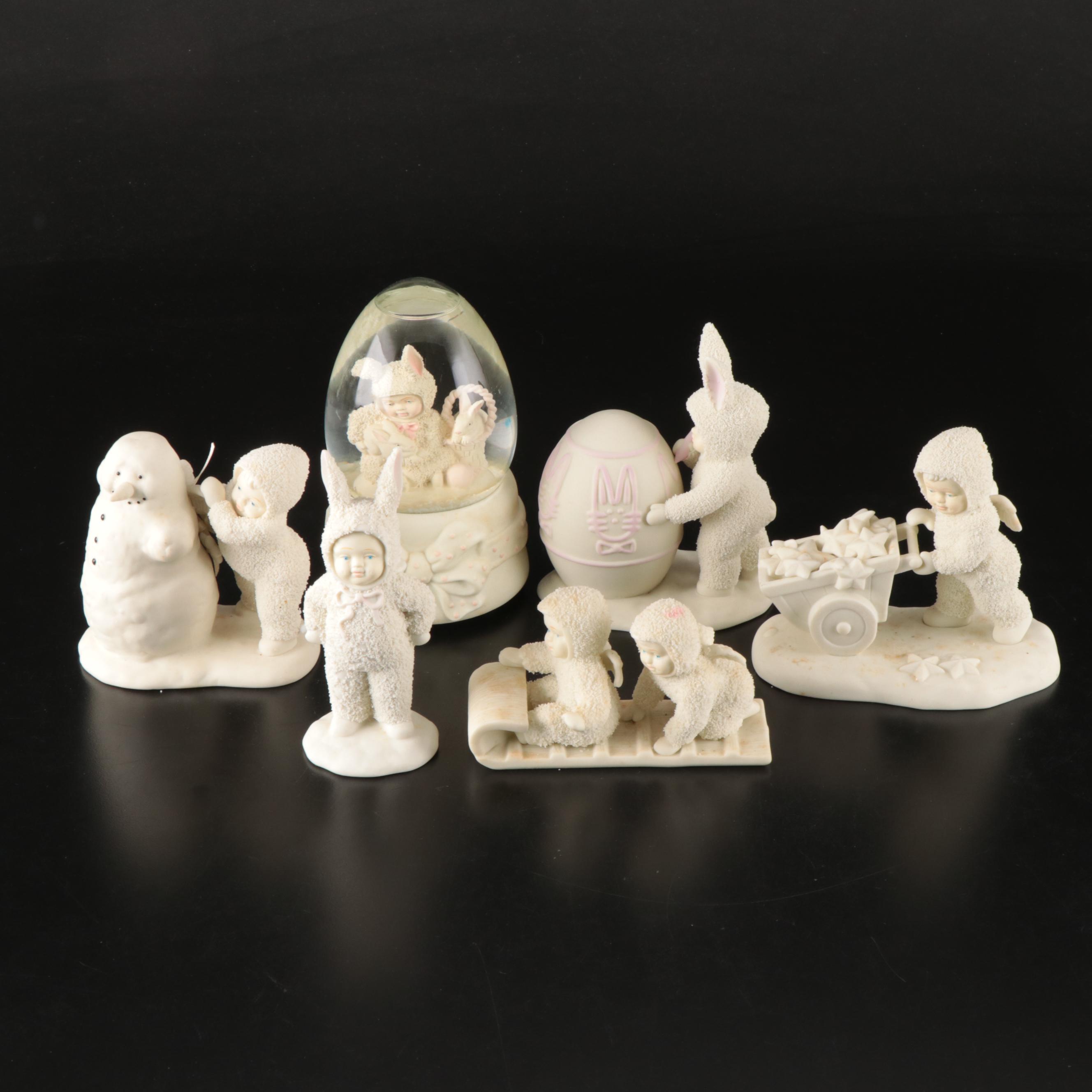 Department 56 Bisque "Snowbabies" Figures and "Snowbunnies" Snow Globe