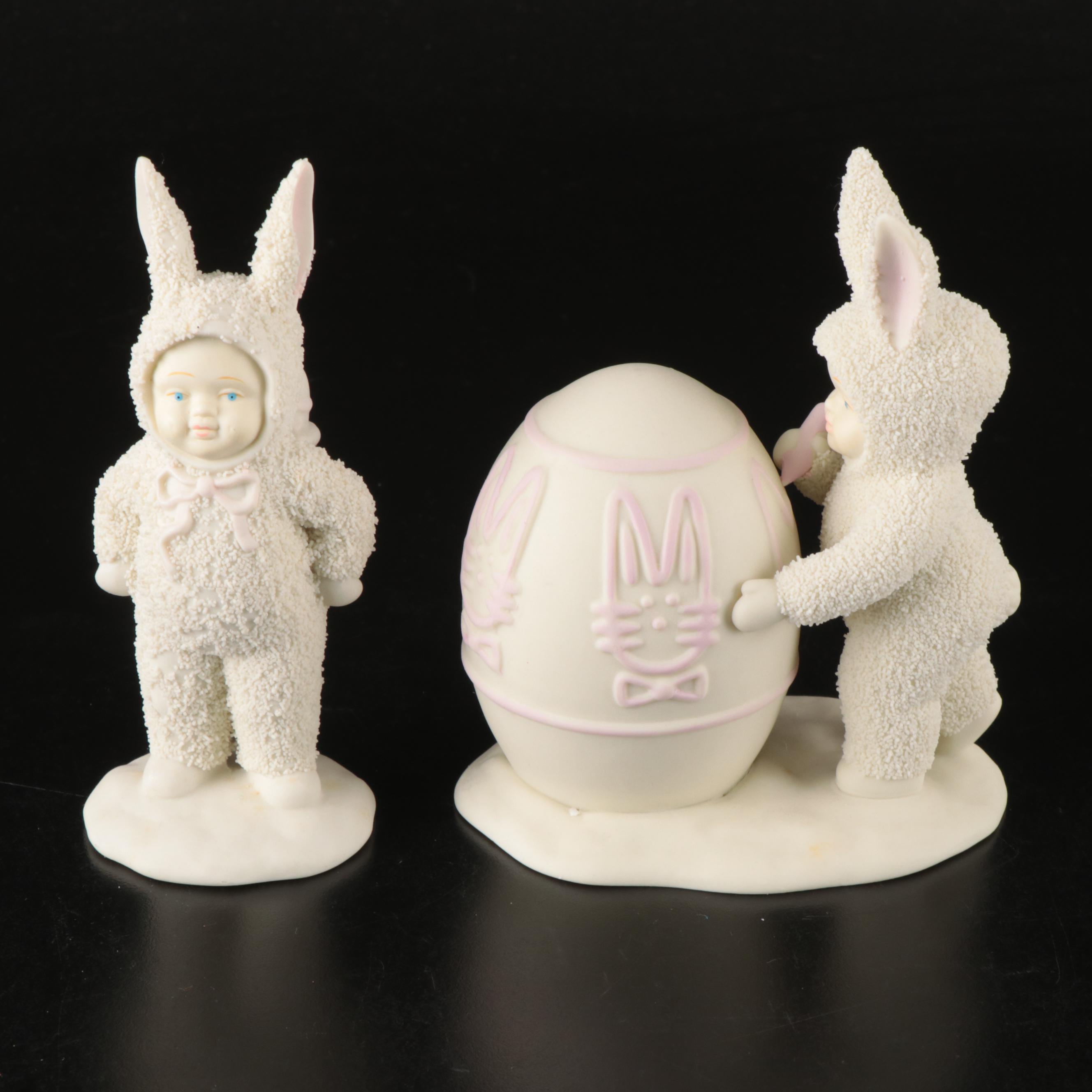 Department 56 Bisque "Snowbabies" Figures and "Snowbunnies" Snow Globe