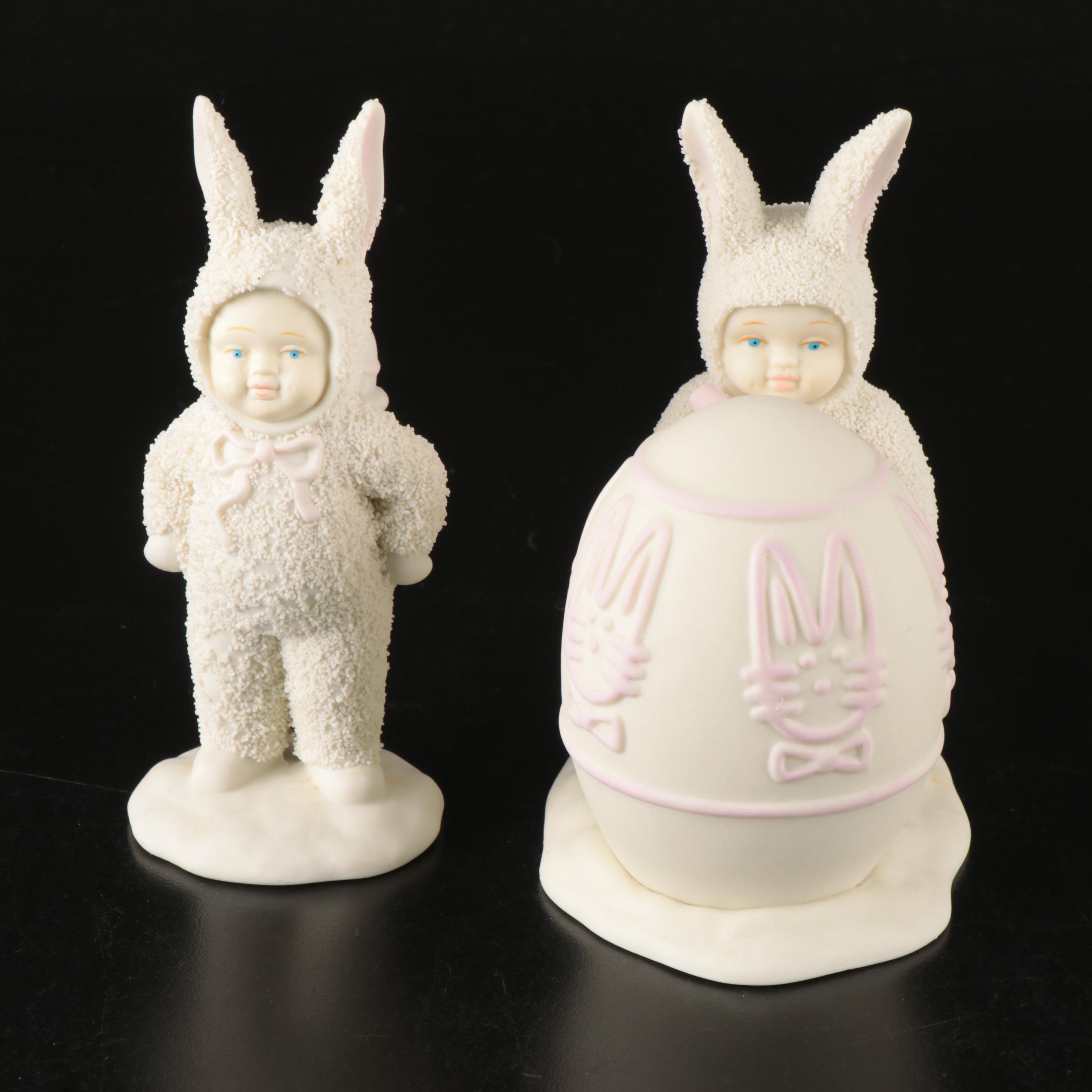 Department 56 Bisque "Snowbabies" Figures and "Snowbunnies" Snow Globe