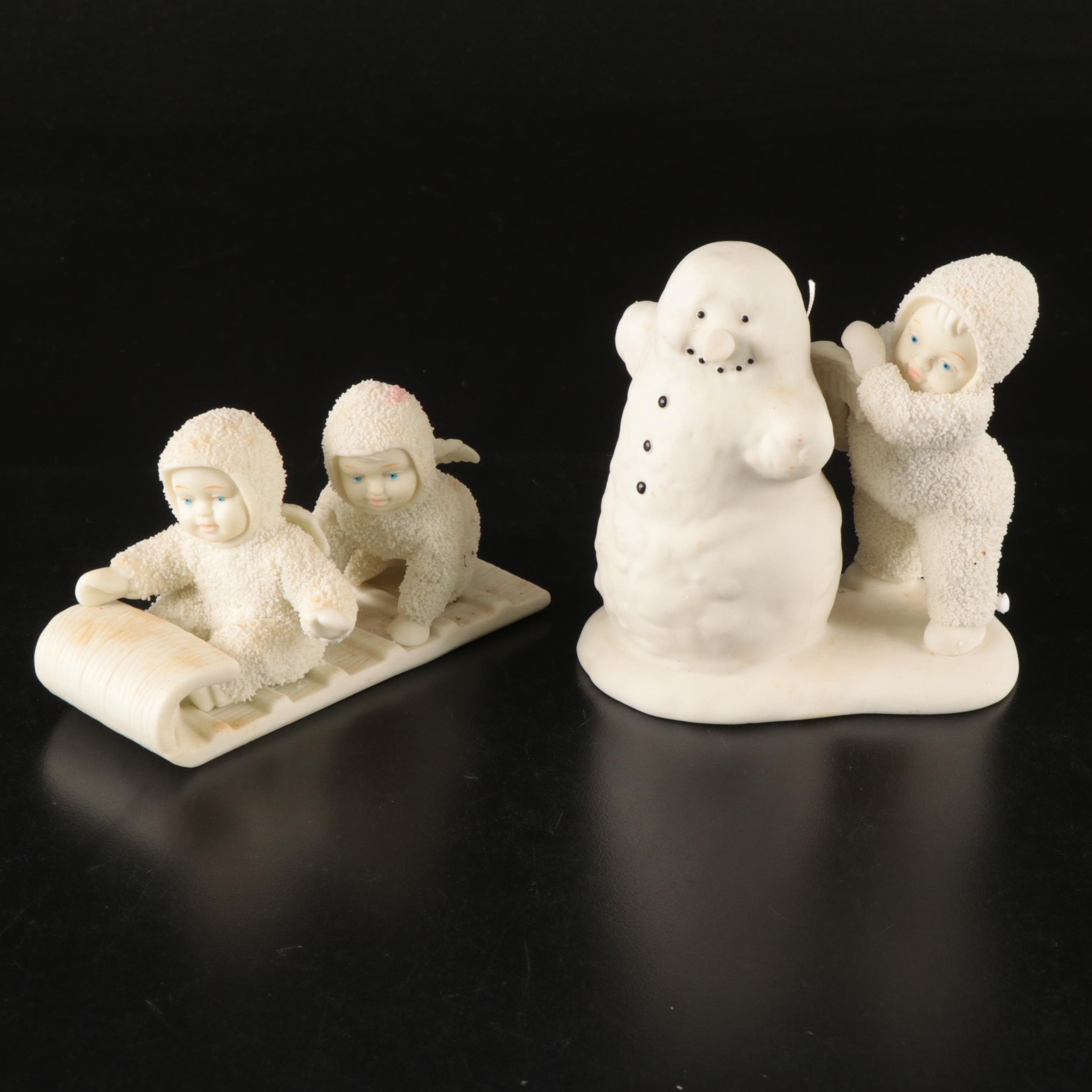 Department 56 Bisque "Snowbabies" Figures and "Snowbunnies" Snow Globe