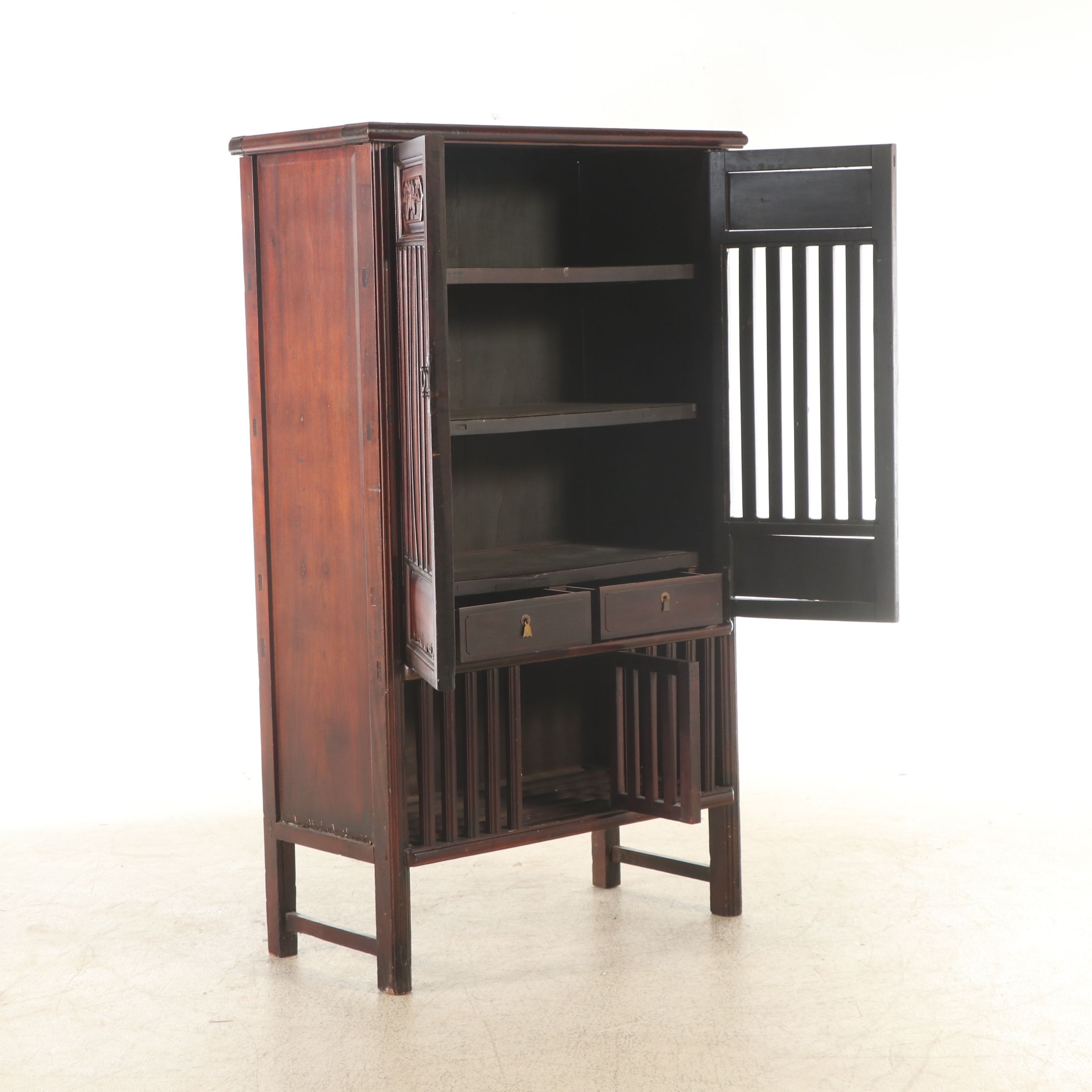 Chinese Mahogany and Carved Wood Tansu Cabinet, 20th Century
