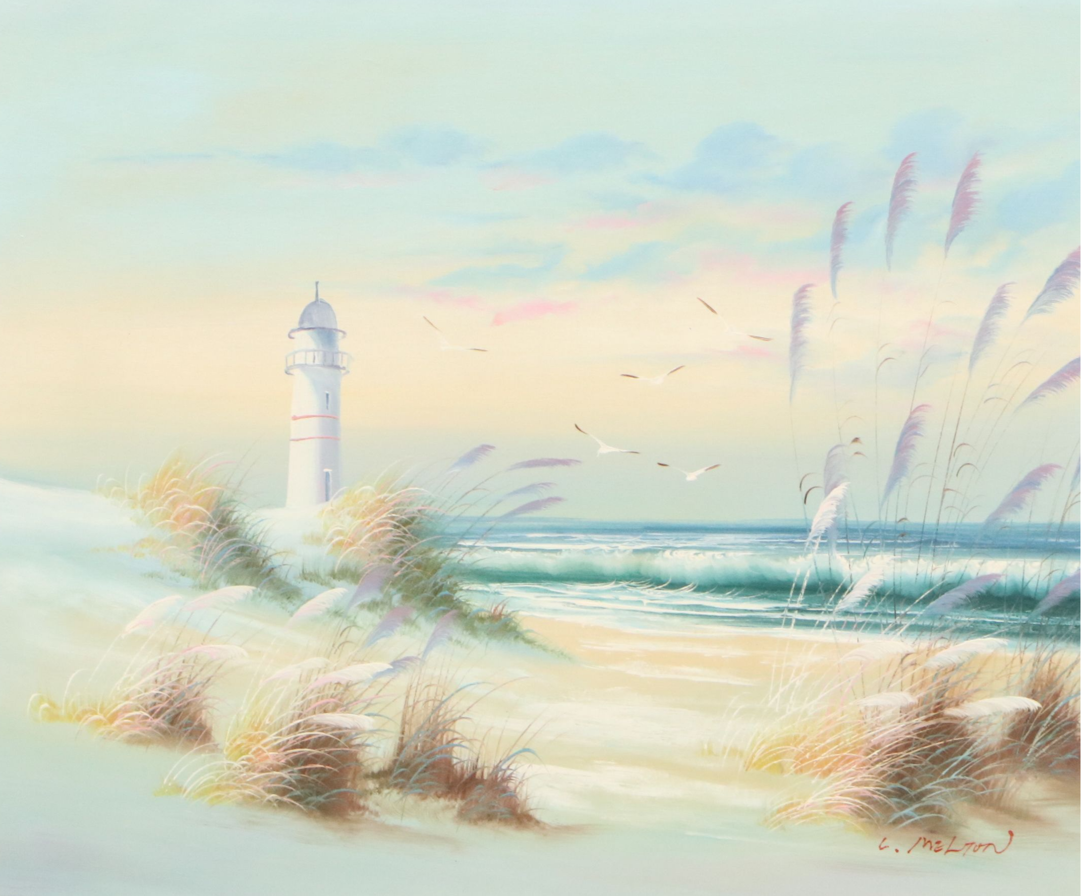 Catherine Parker Melton Seascape Oil Painting with Lighthouse, 20th Century