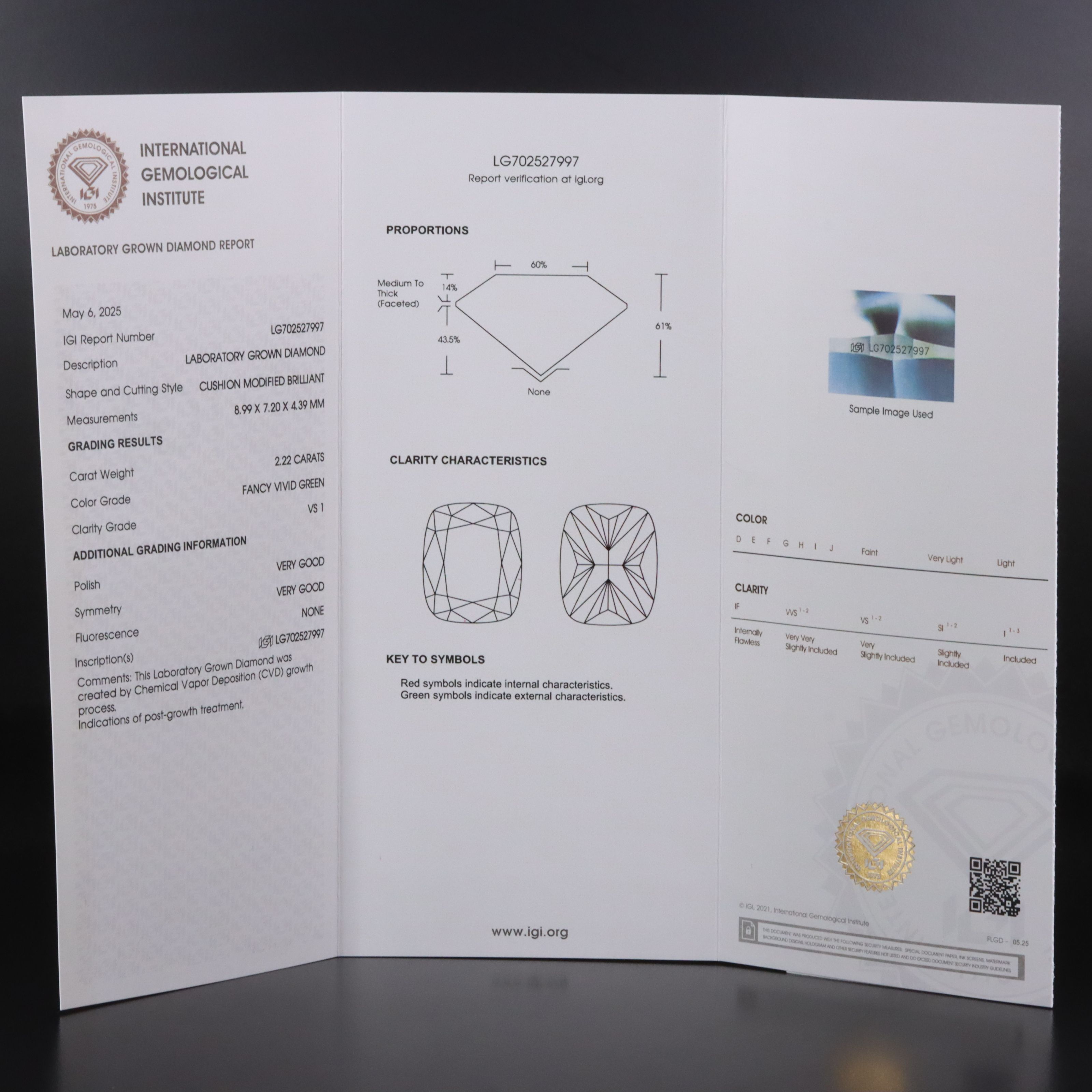 Loose 2.22 CT Lab Grown Fancy Green Diamond with IGI Report