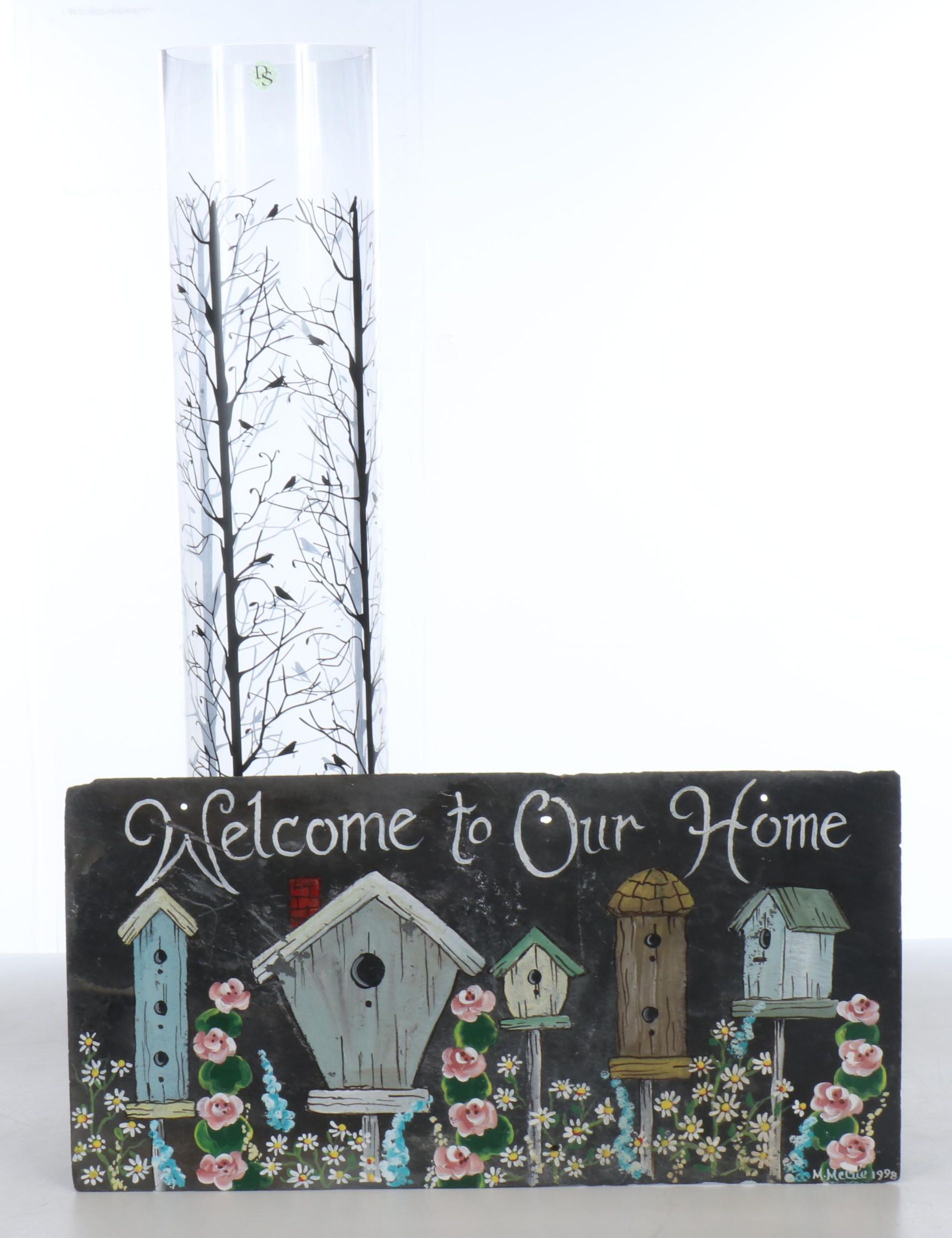 Hand-Painted Slate Welcome Sign with Cylindrical Glass Floor Vase