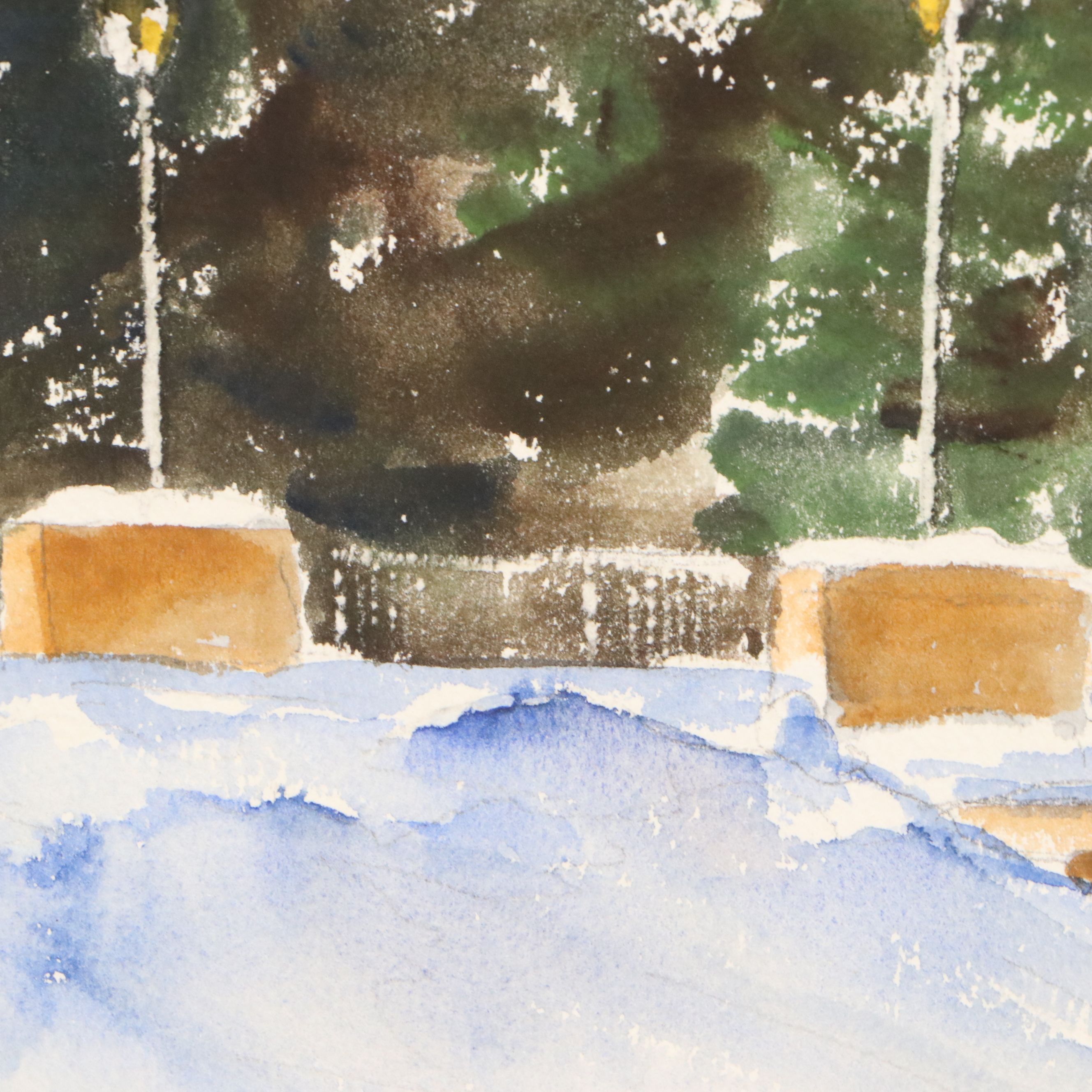 Terry Palm Winter Landscape Watercolor Painting with Church, 1978