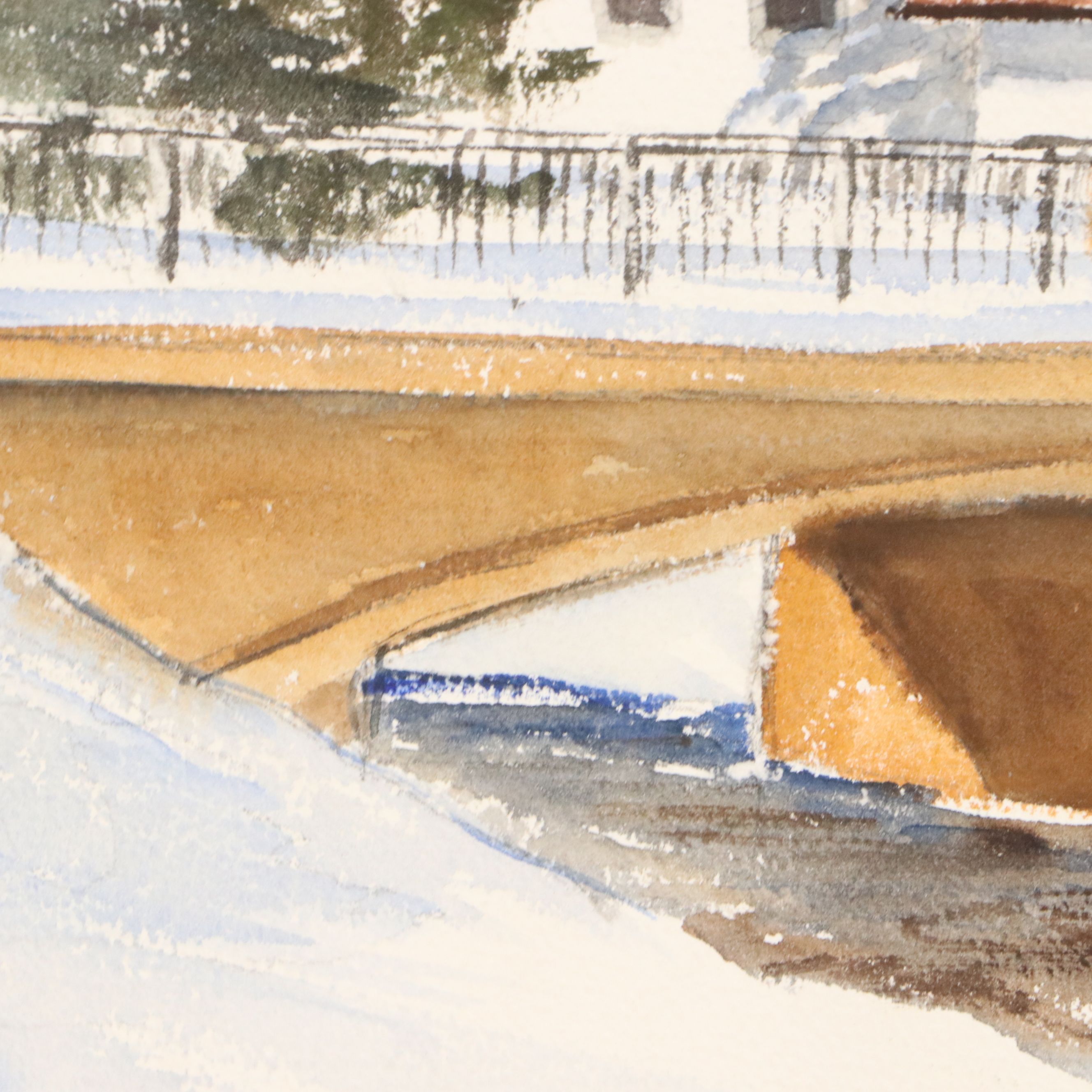 Terry Palm Winter Landscape Watercolor Painting with Church, 1978