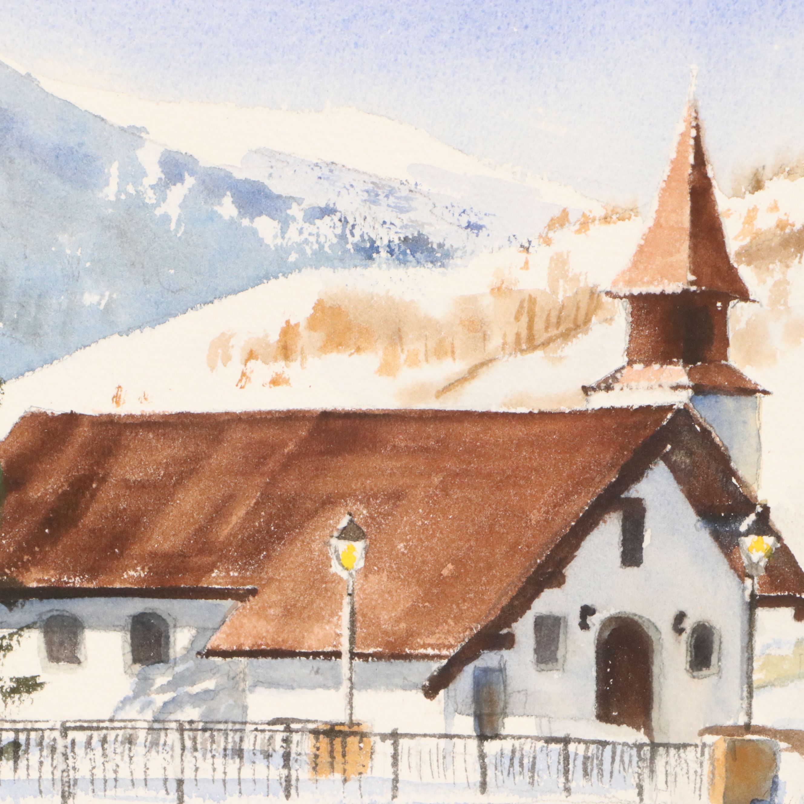 Terry Palm Winter Landscape Watercolor Painting with Church, 1978