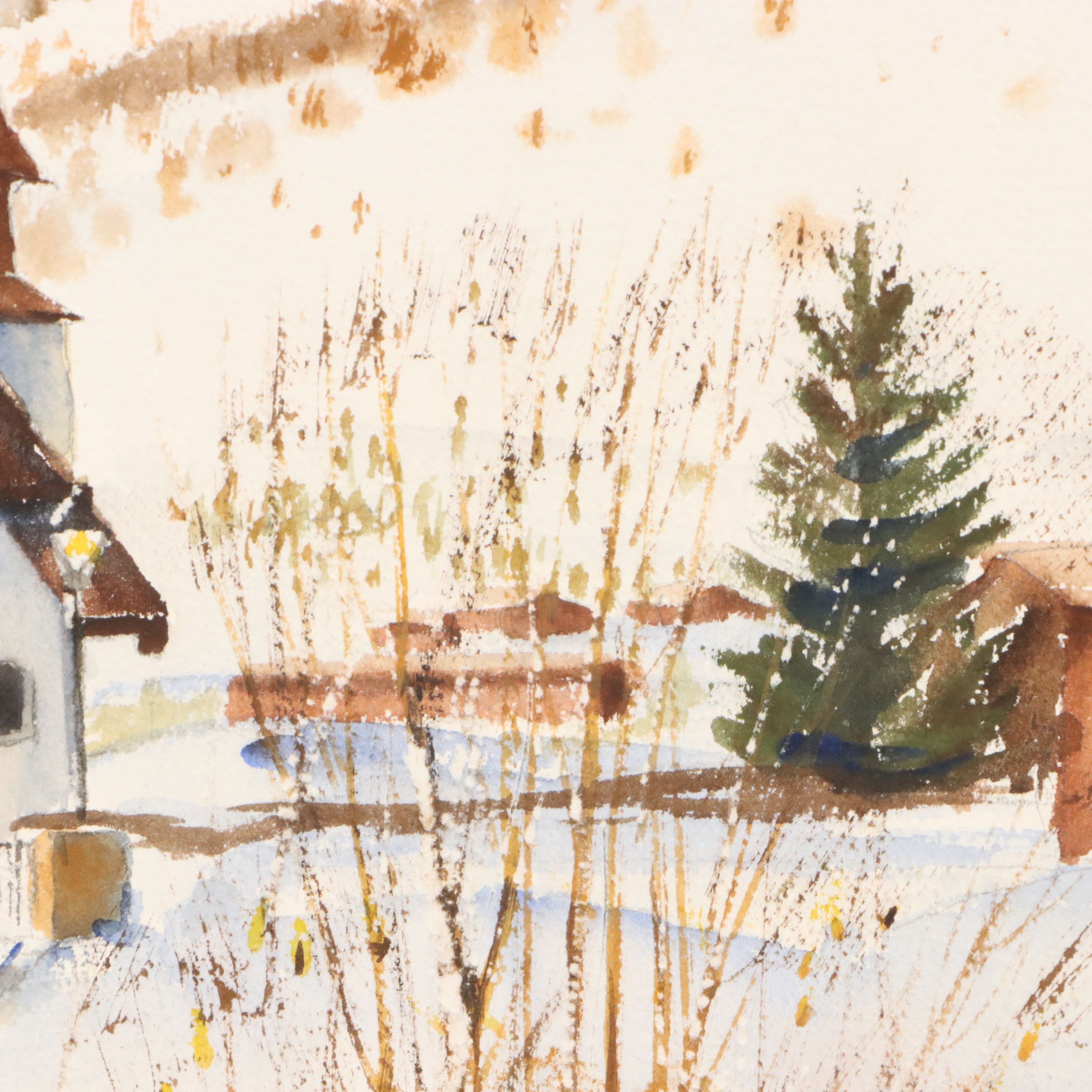 Terry Palm Winter Landscape Watercolor Painting with Church, 1978