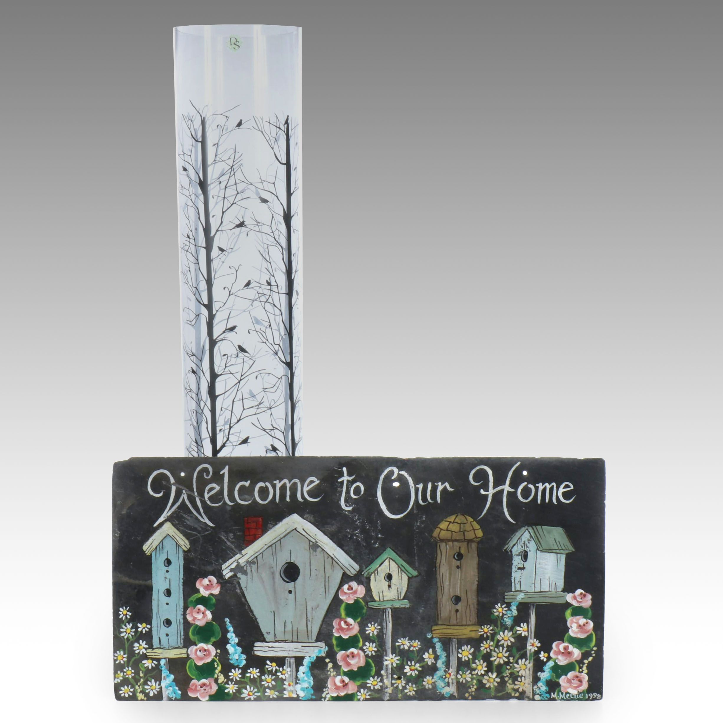 Hand-Painted Slate Welcome Sign with Cylindrical Glass Floor Vase