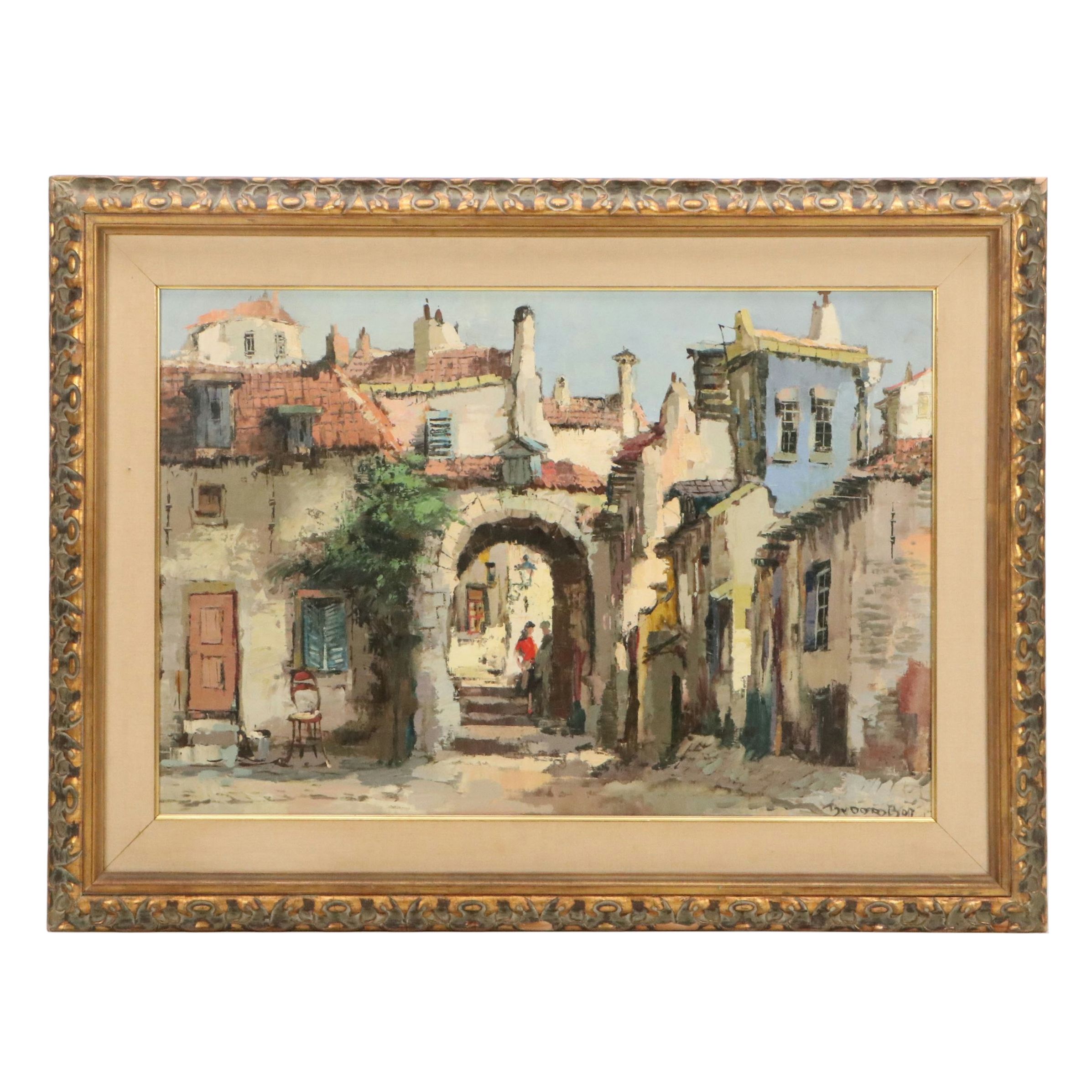 Impressionistic Oil Painting of European Street Scene, Circa Late 20th Century