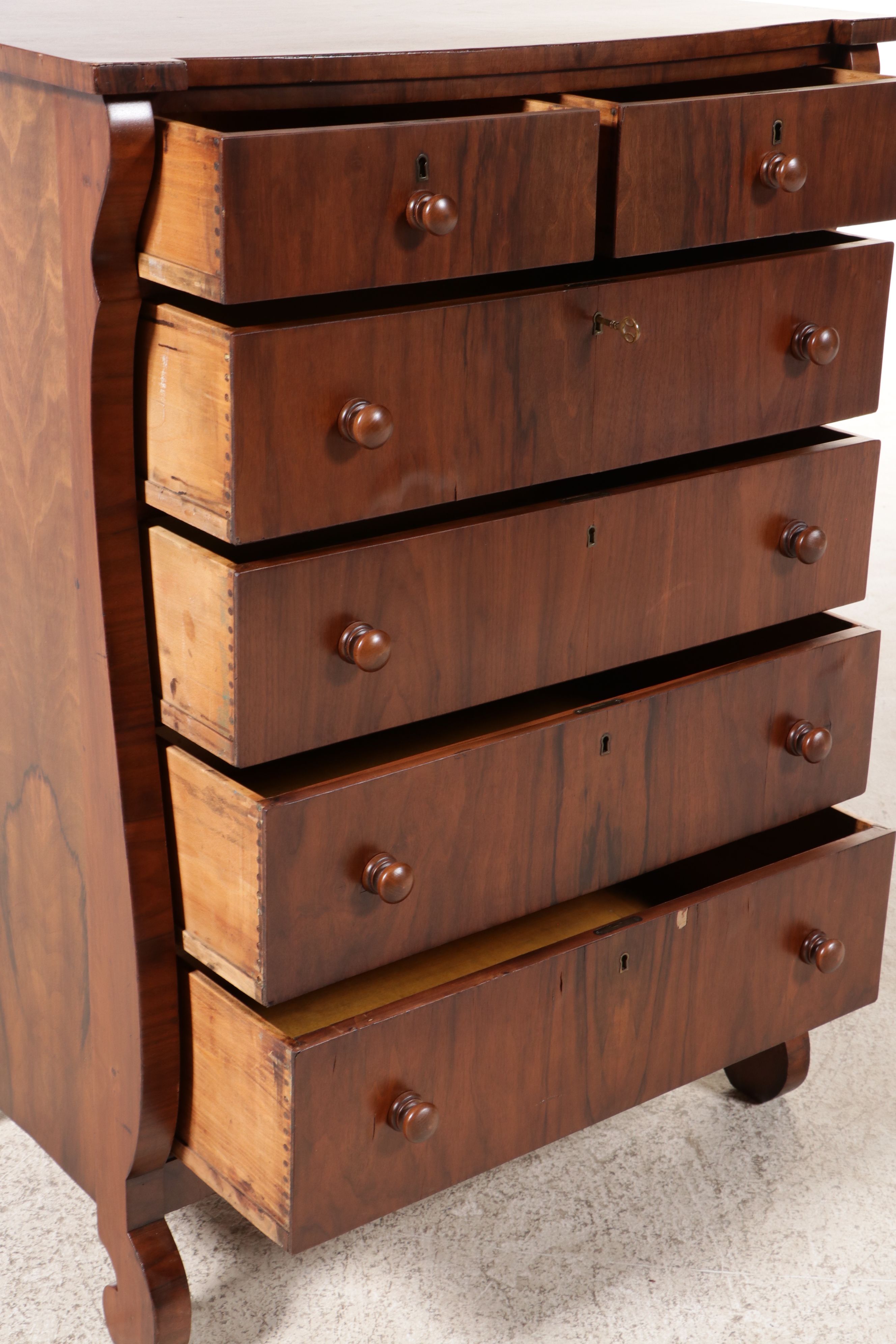 Victorian Empire Style Burl Veneer Chest of Drawers, Late 19th Century