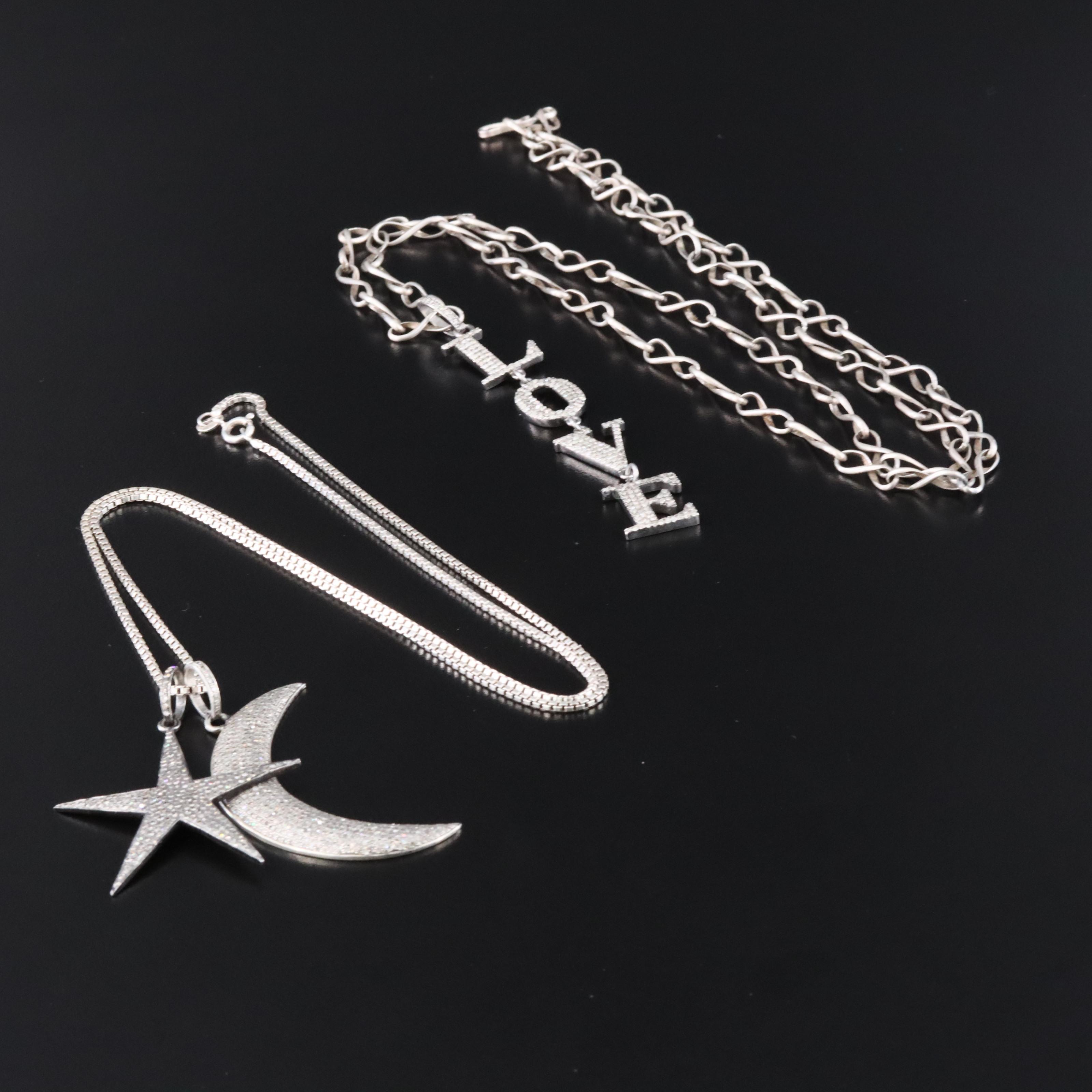 Sterling Diamond "Love", Star and Crescent Moon Necklaces