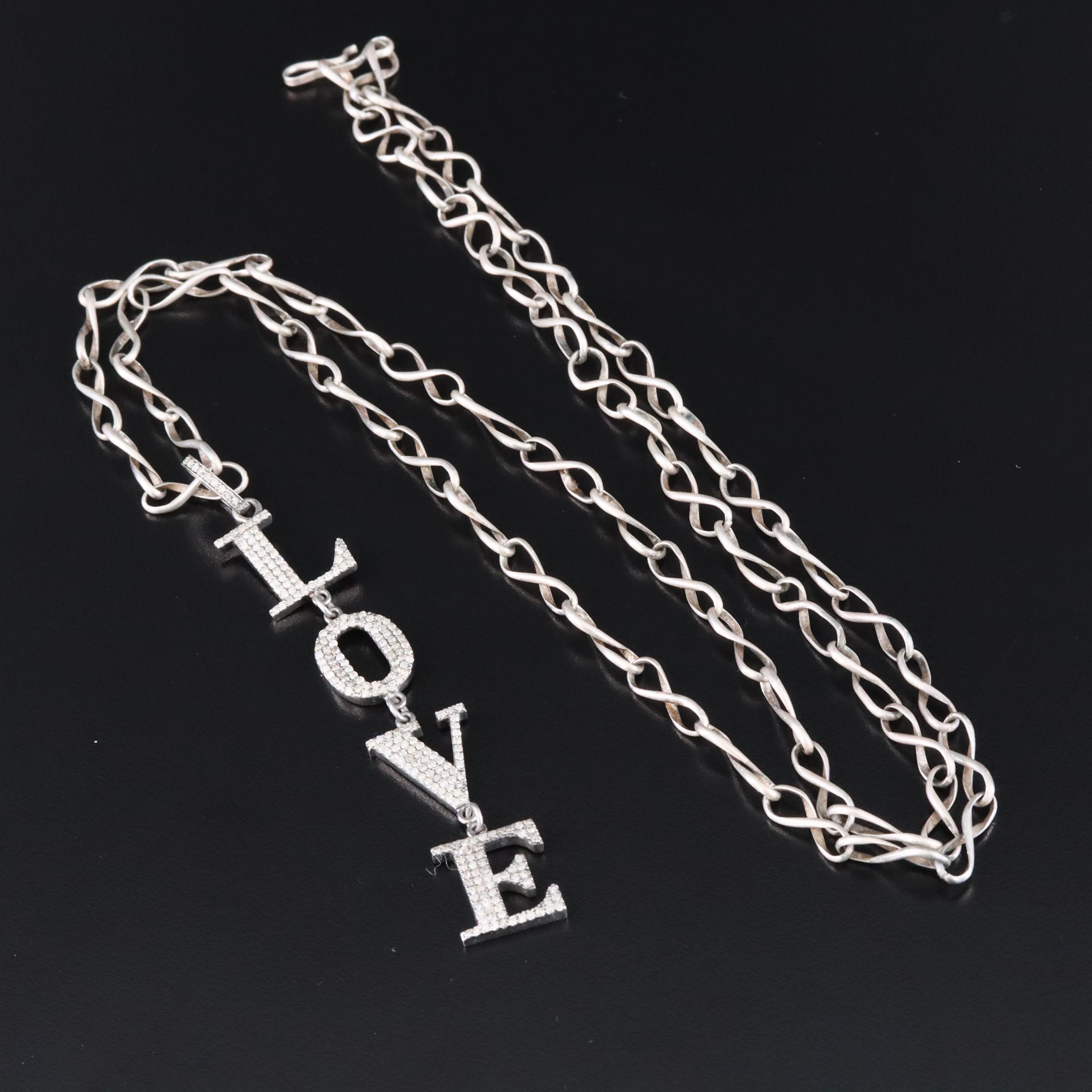 Sterling Diamond "Love", Star and Crescent Moon Necklaces