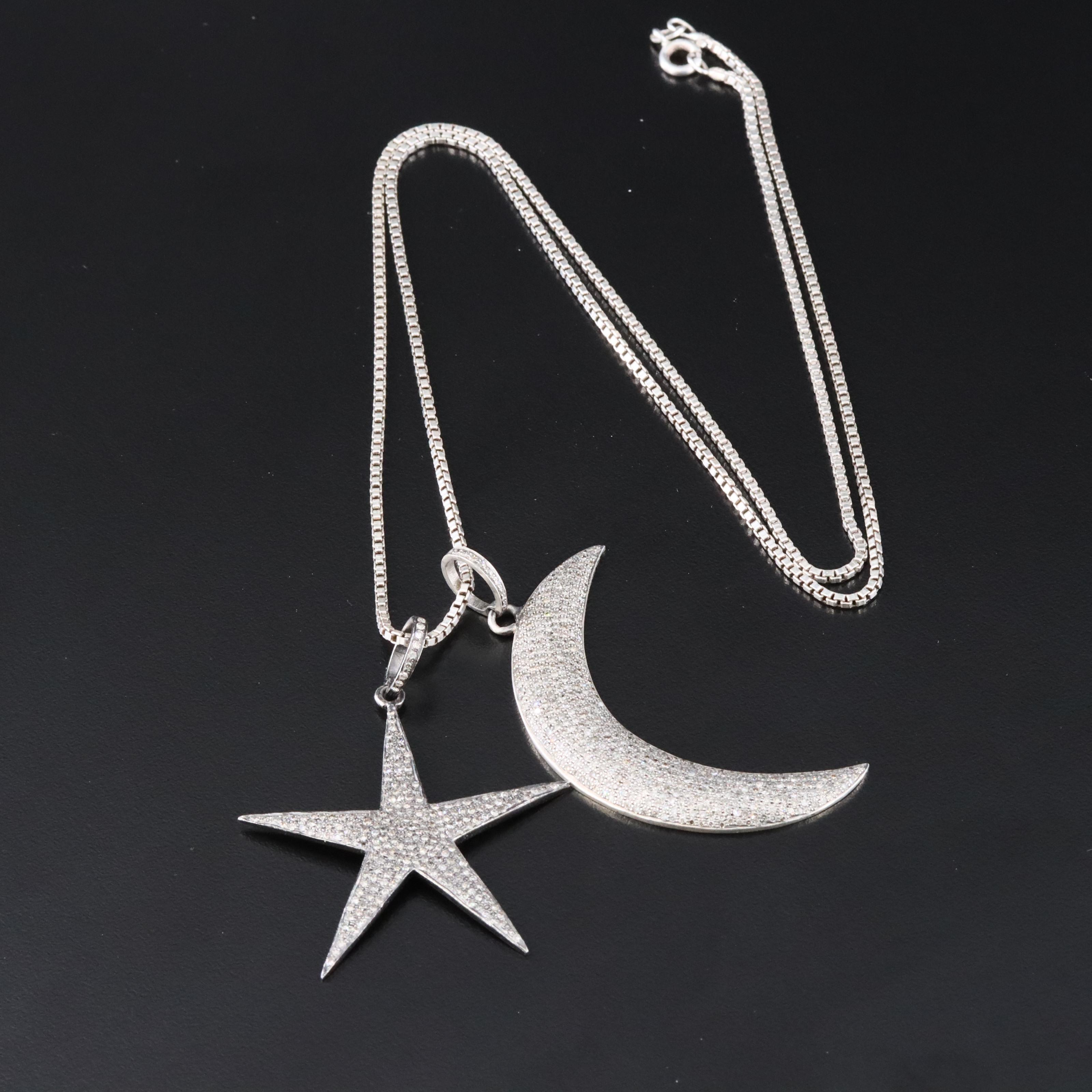 Sterling Diamond "Love", Star and Crescent Moon Necklaces