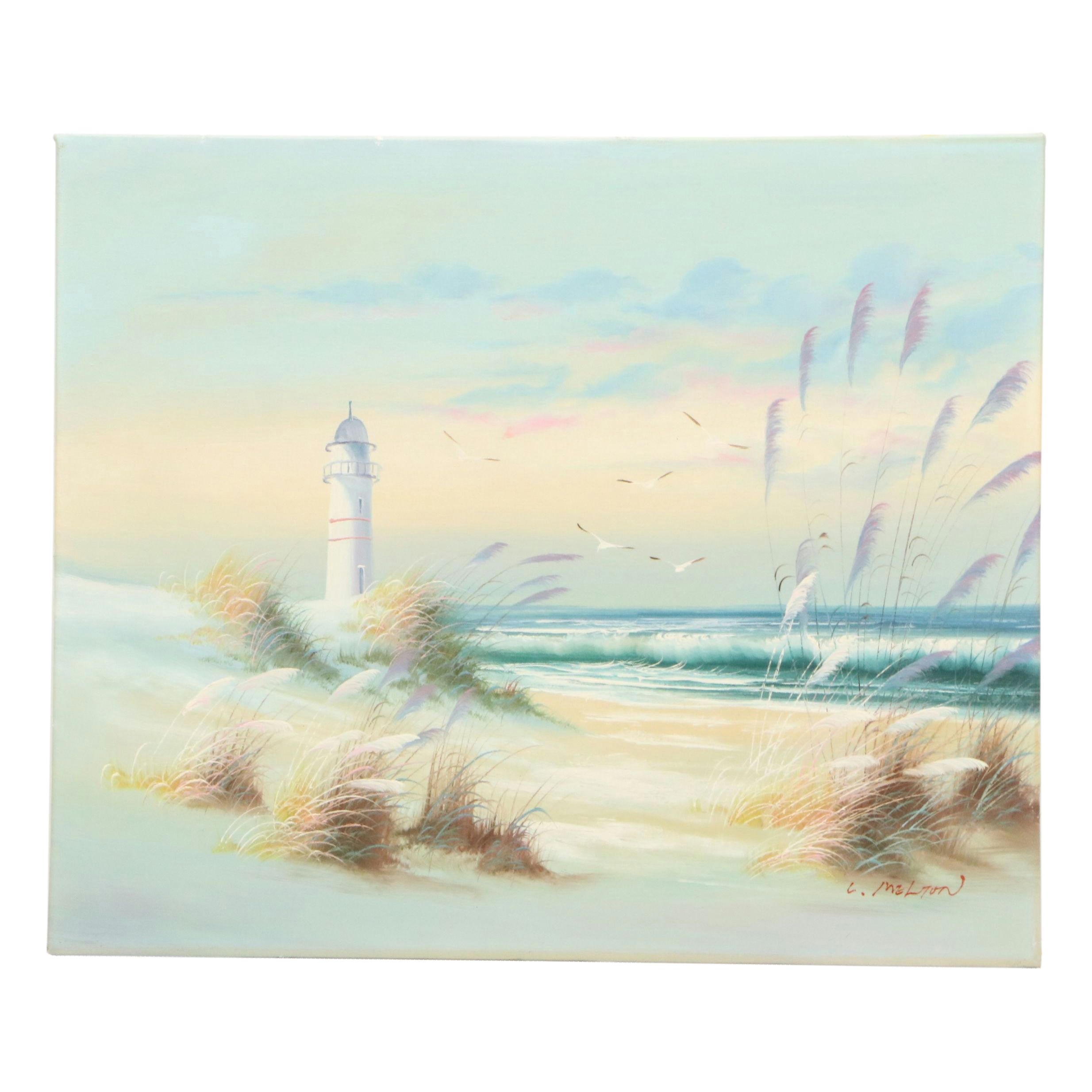 Catherine Parker Melton Seascape Oil Painting with Lighthouse, 20th Century