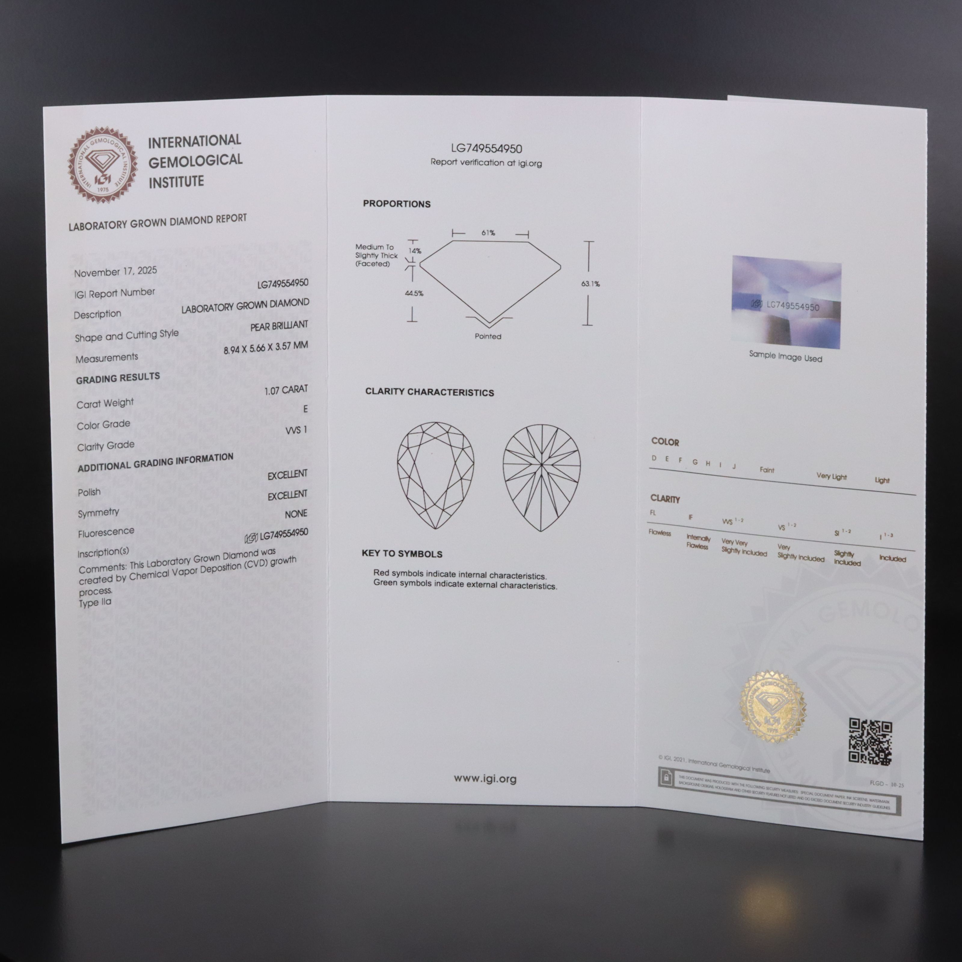 Loose 1.07 CT Lab Grown Diamond with IGI Report