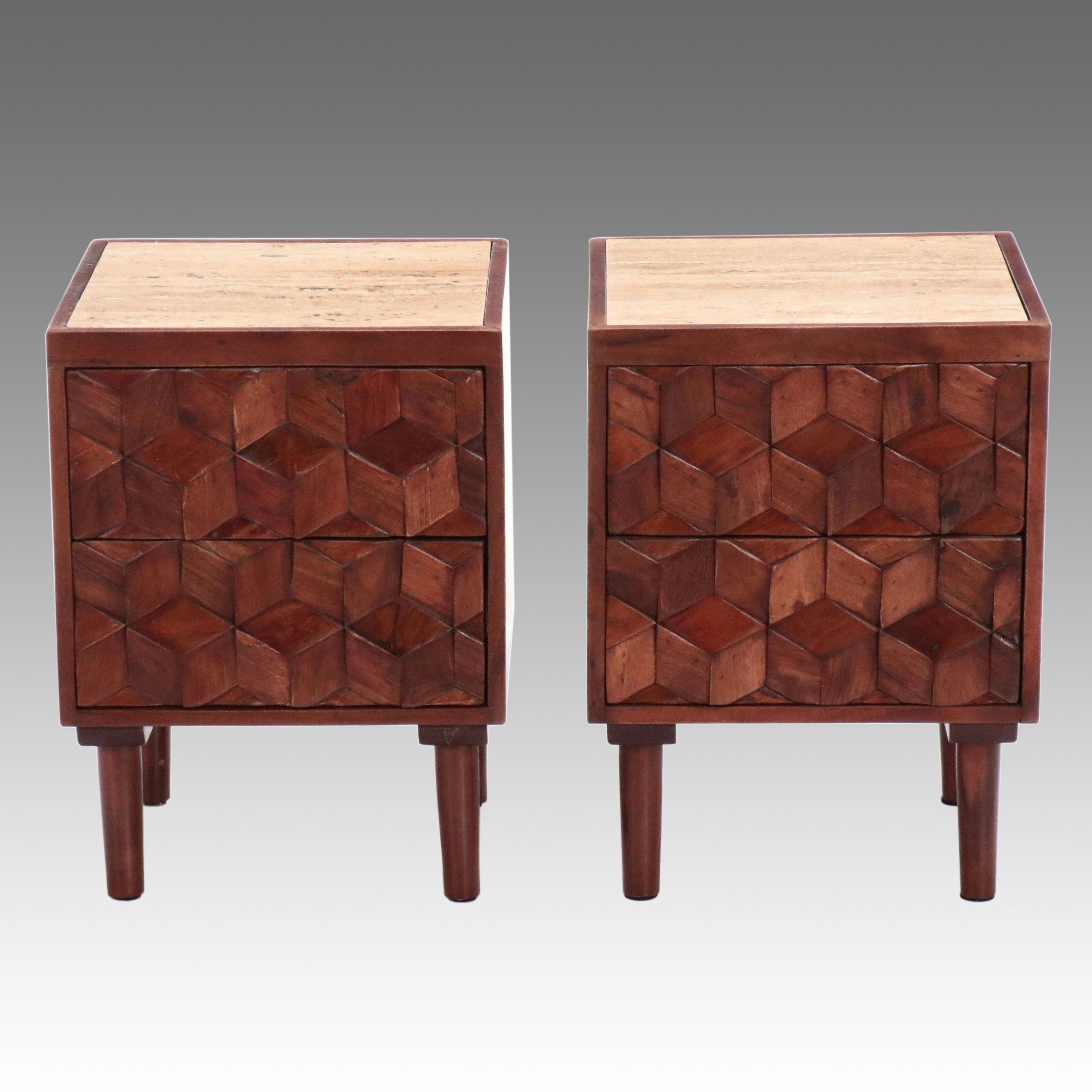 Pair of Contemporary Geometric Front Wooden Side Tables with Marble Tops