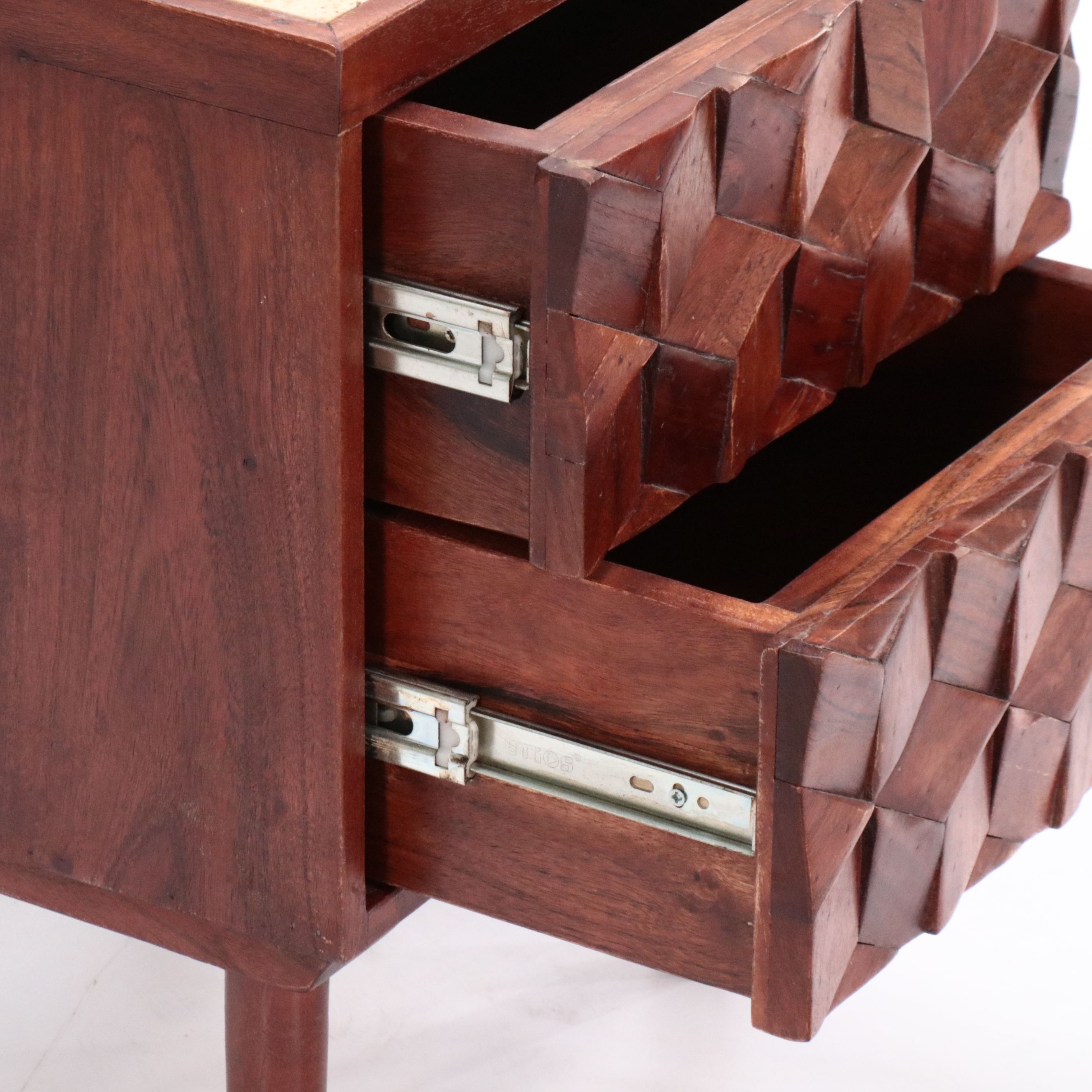 Pair of Contemporary Geometric Front Wooden Side Tables with Marble Tops