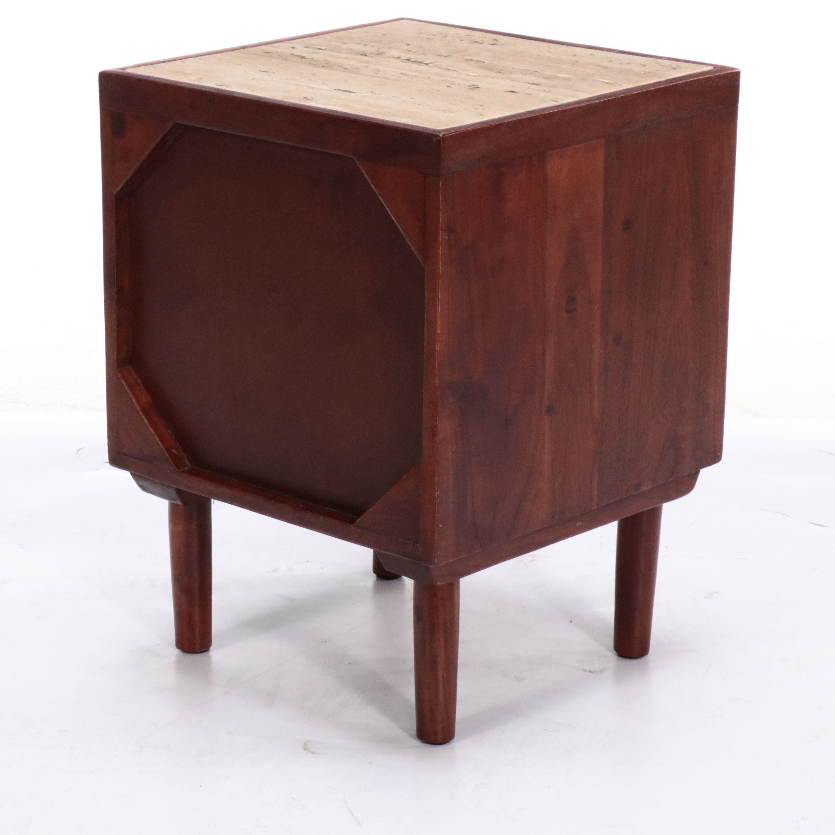 Pair of Contemporary Geometric Front Wooden Side Tables with Marble Tops