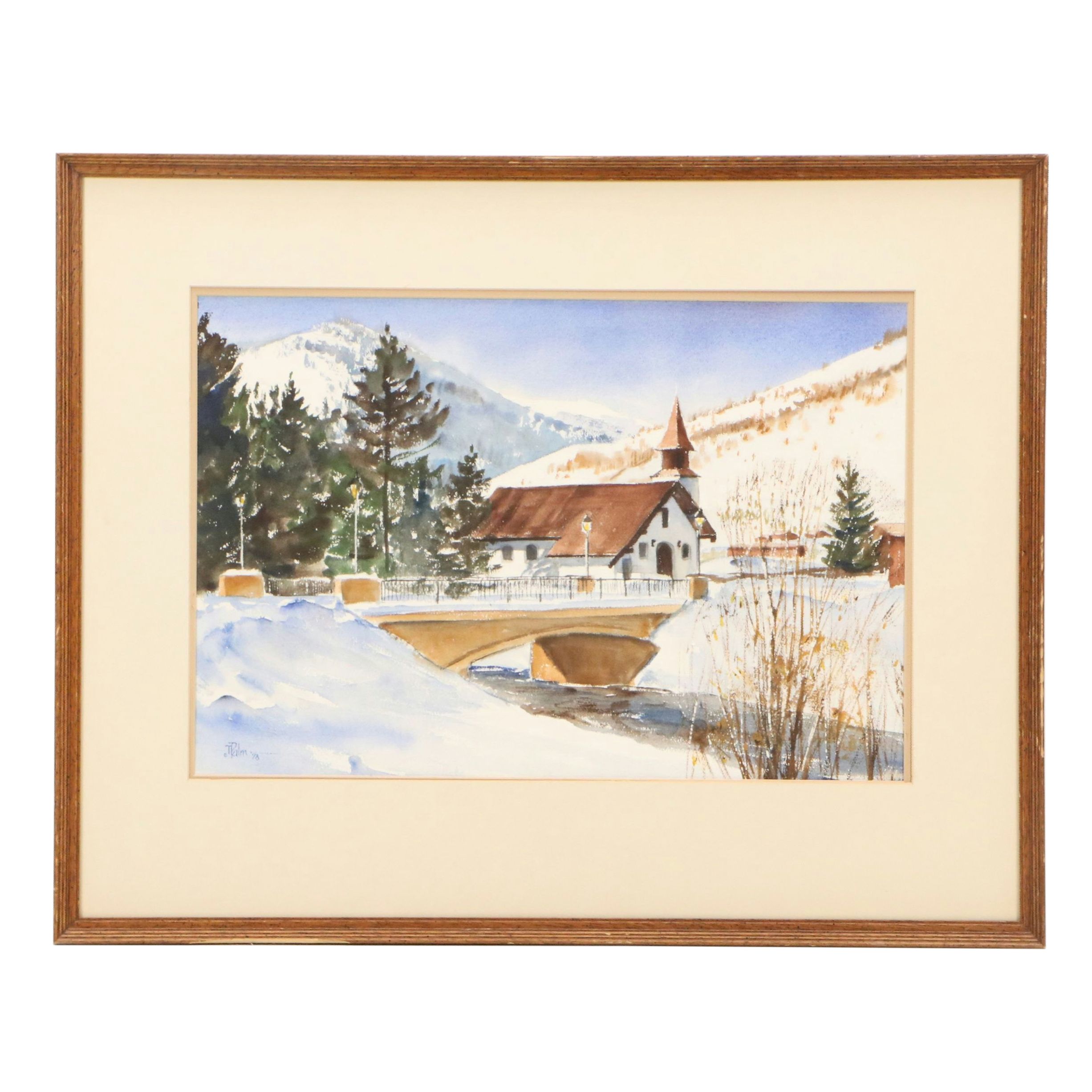 Terry Palm Winter Landscape Watercolor Painting with Church, 1978