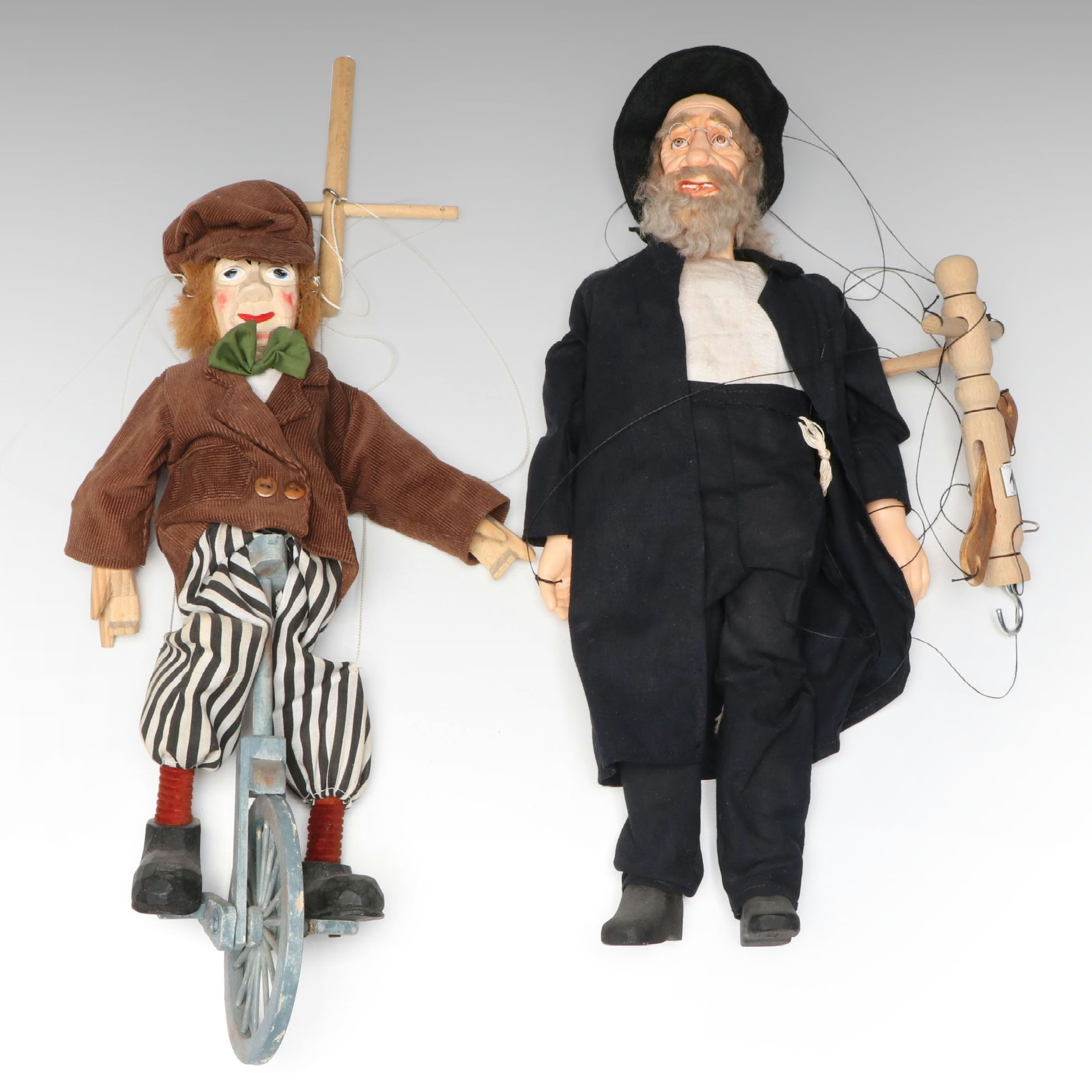 Handcrafted Ceramic Rabbi Marionette with Other Unicyclist Marionette