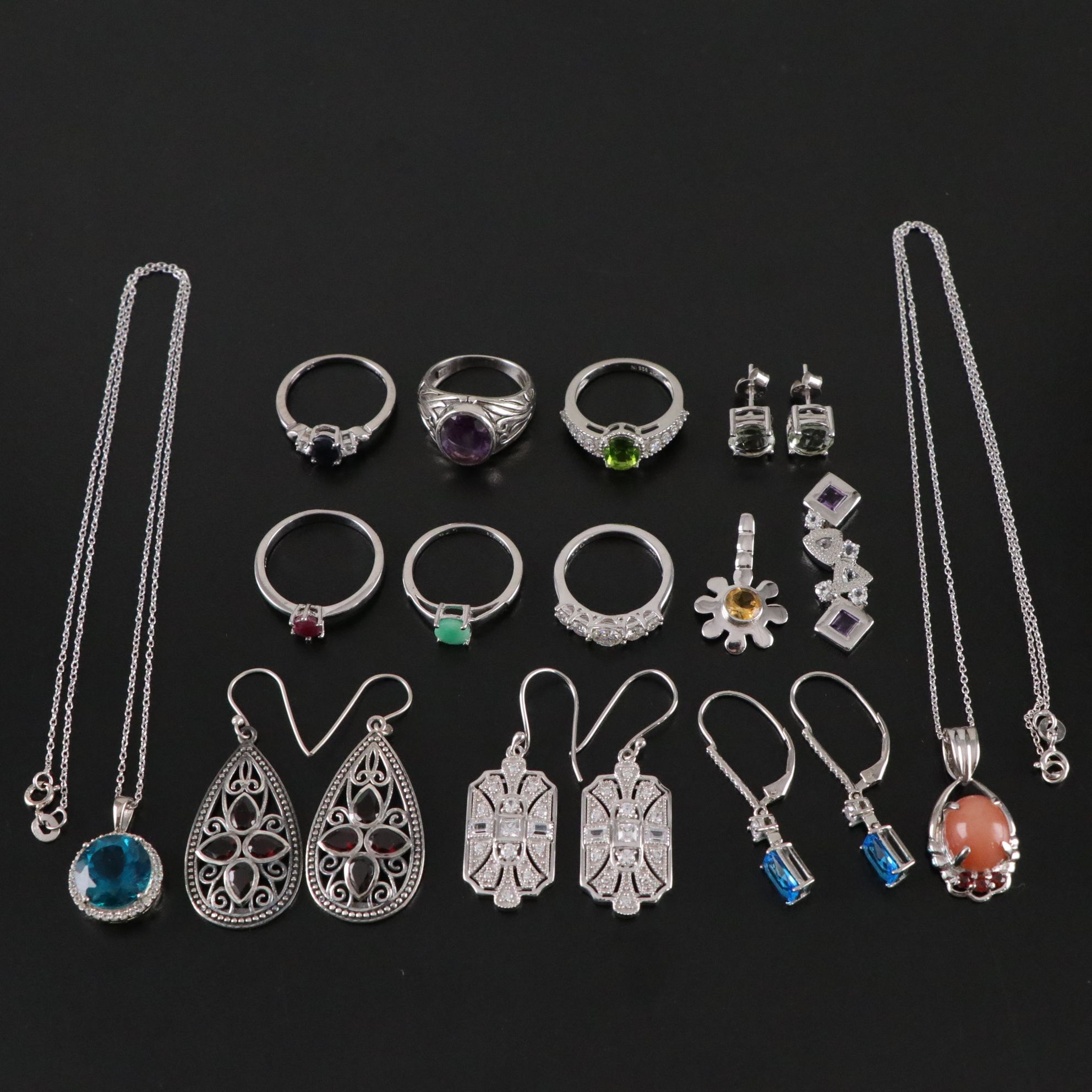 14 Assorted Sterling Silver Rings, Necklaces and Earrings