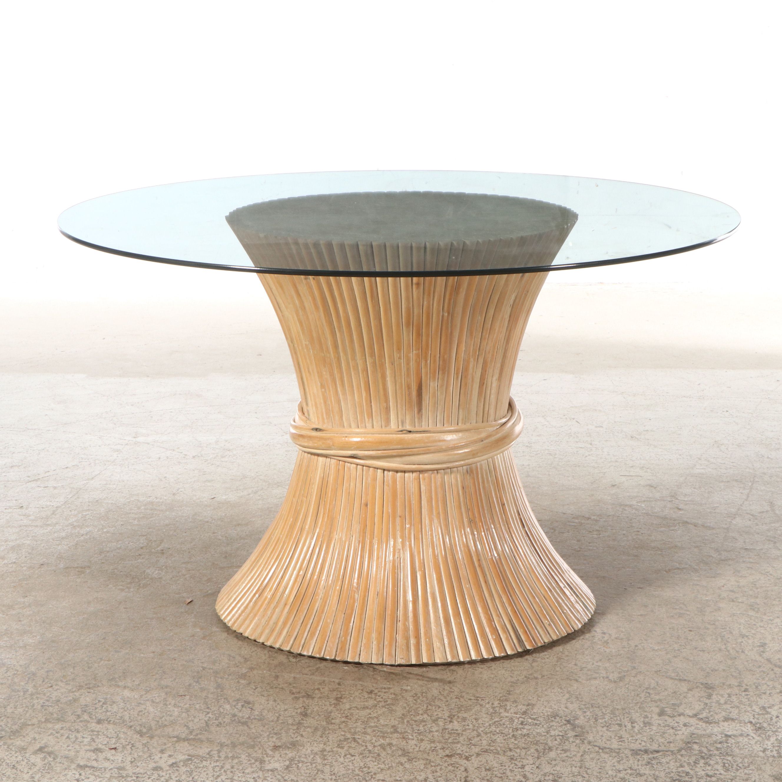 Glass Top Rattan Wheat Sheaf Table with Four "Cracked Ice" Stye Chairs