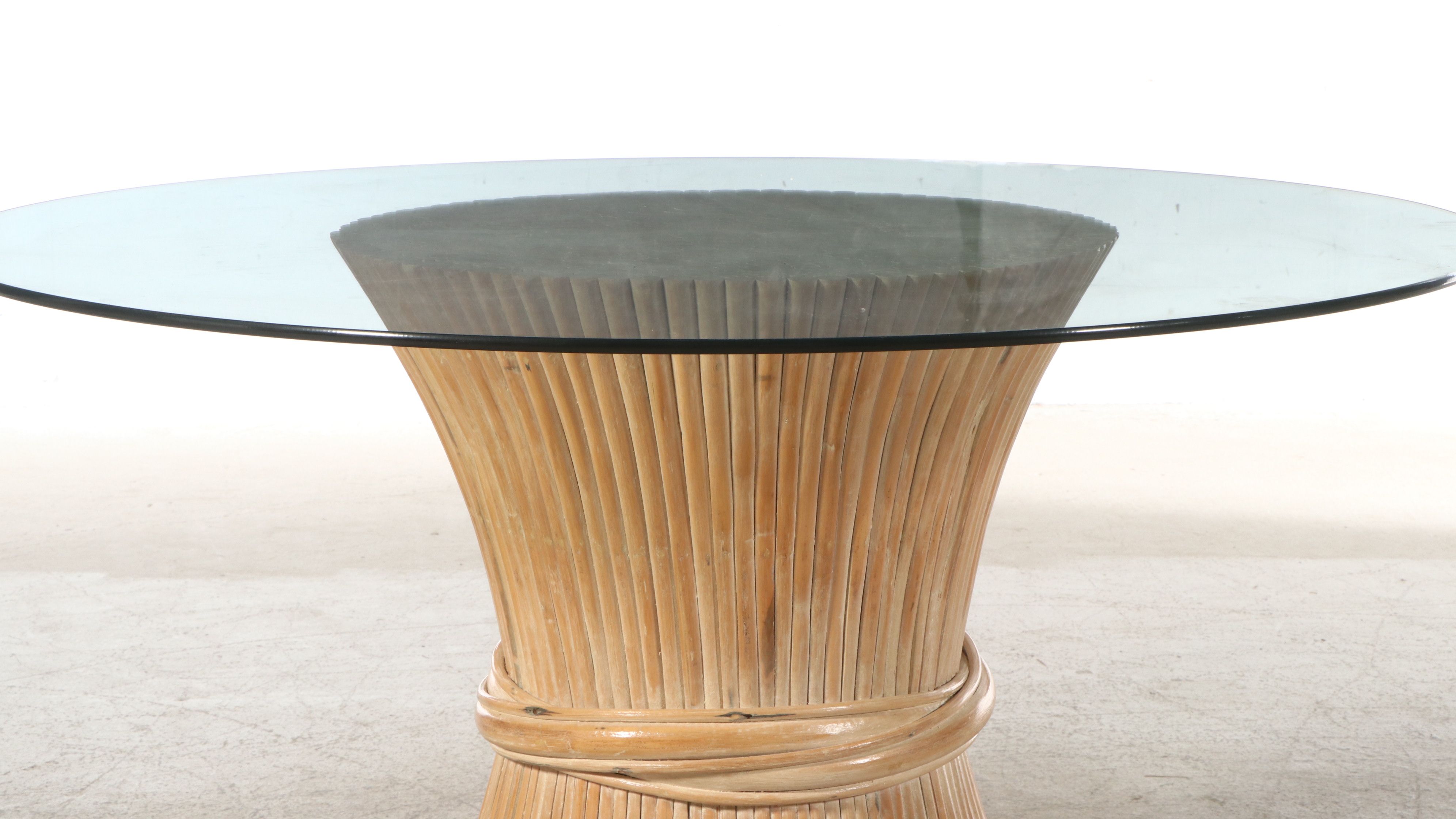 Glass Top Rattan Wheat Sheaf Table with Four "Cracked Ice" Stye Chairs