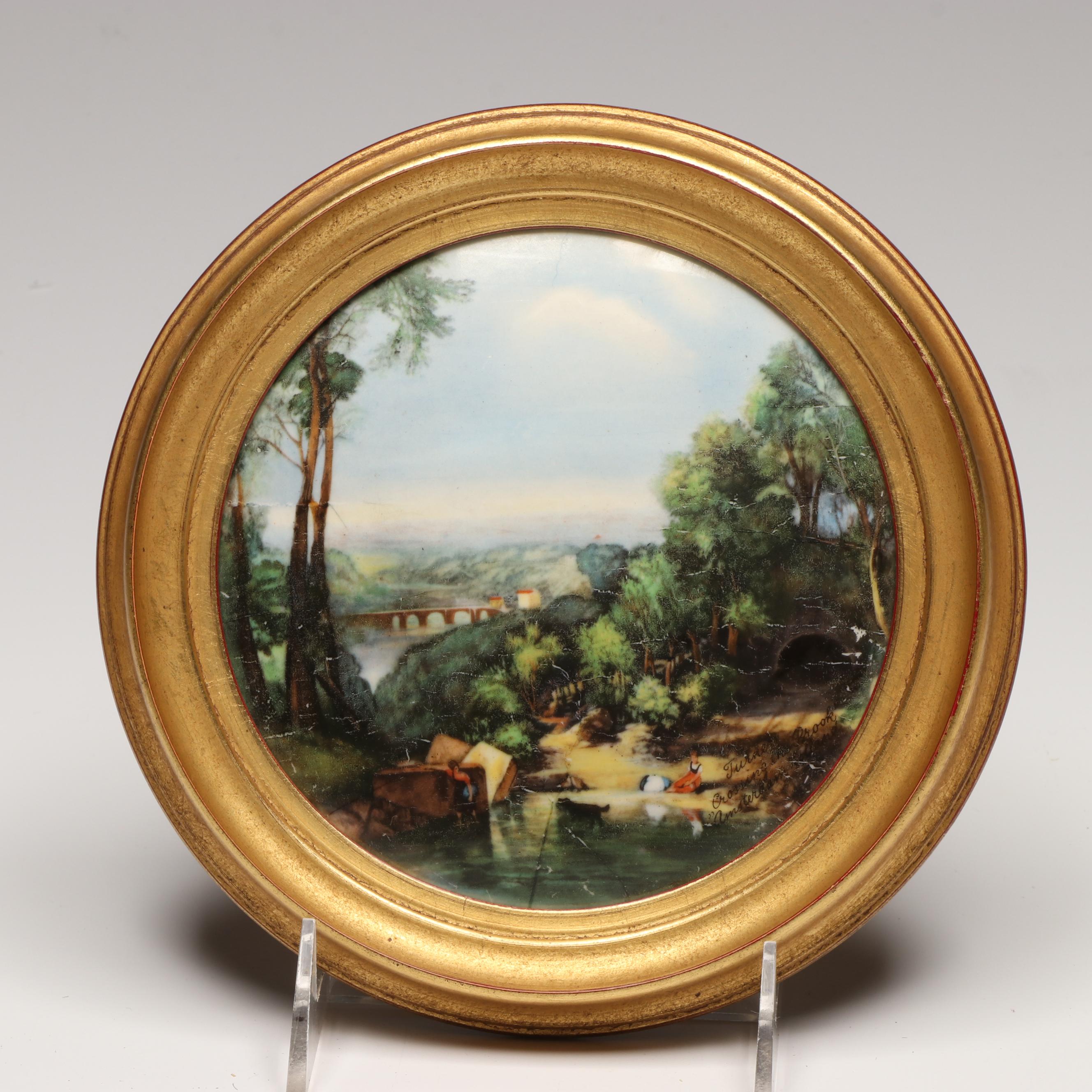 Gilt Framed Porcelain Trivets or Pot Lids Depicting European Pastoral Scenes