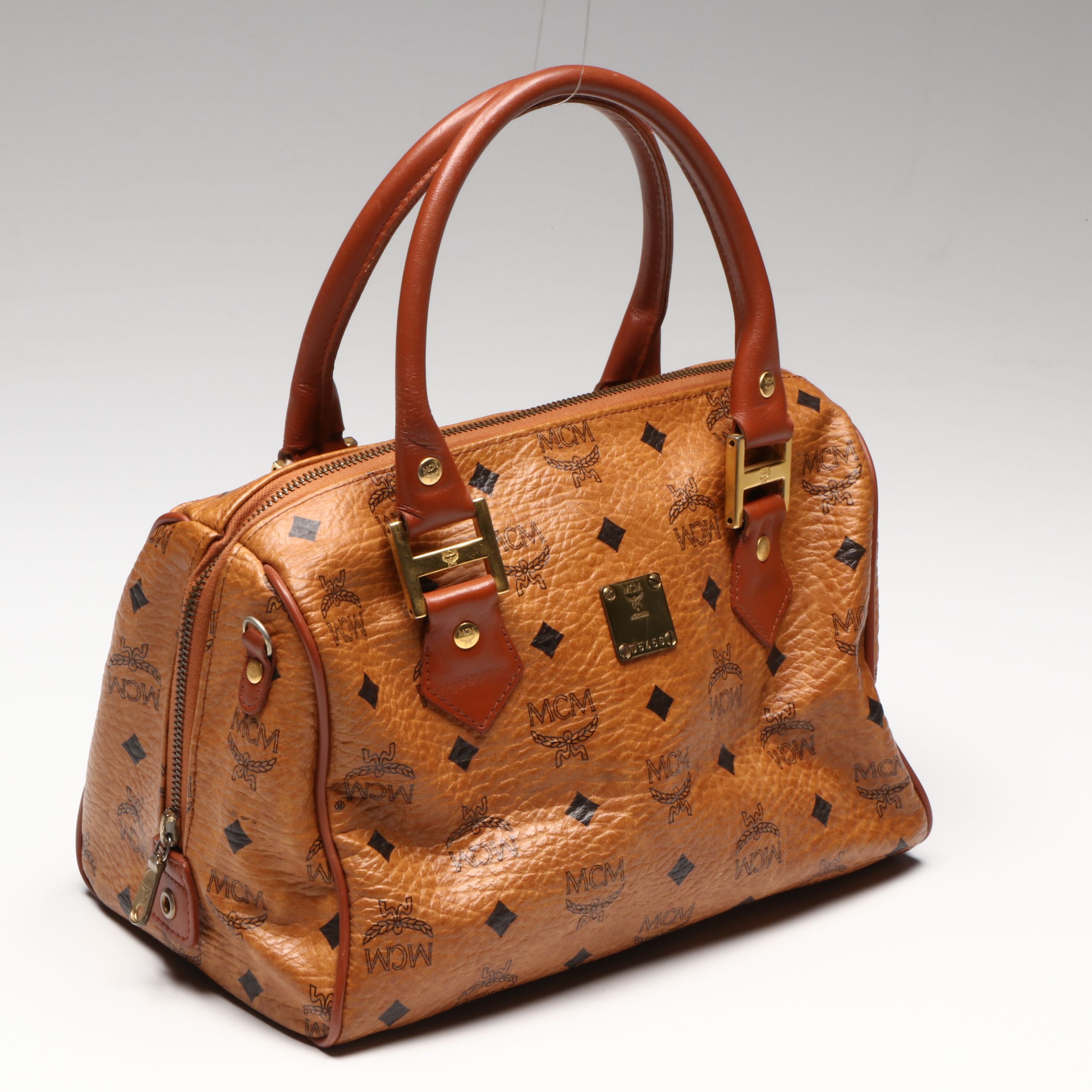 MCM Boston Crossbody Bag in Cognac Visetos Canvas and Leather