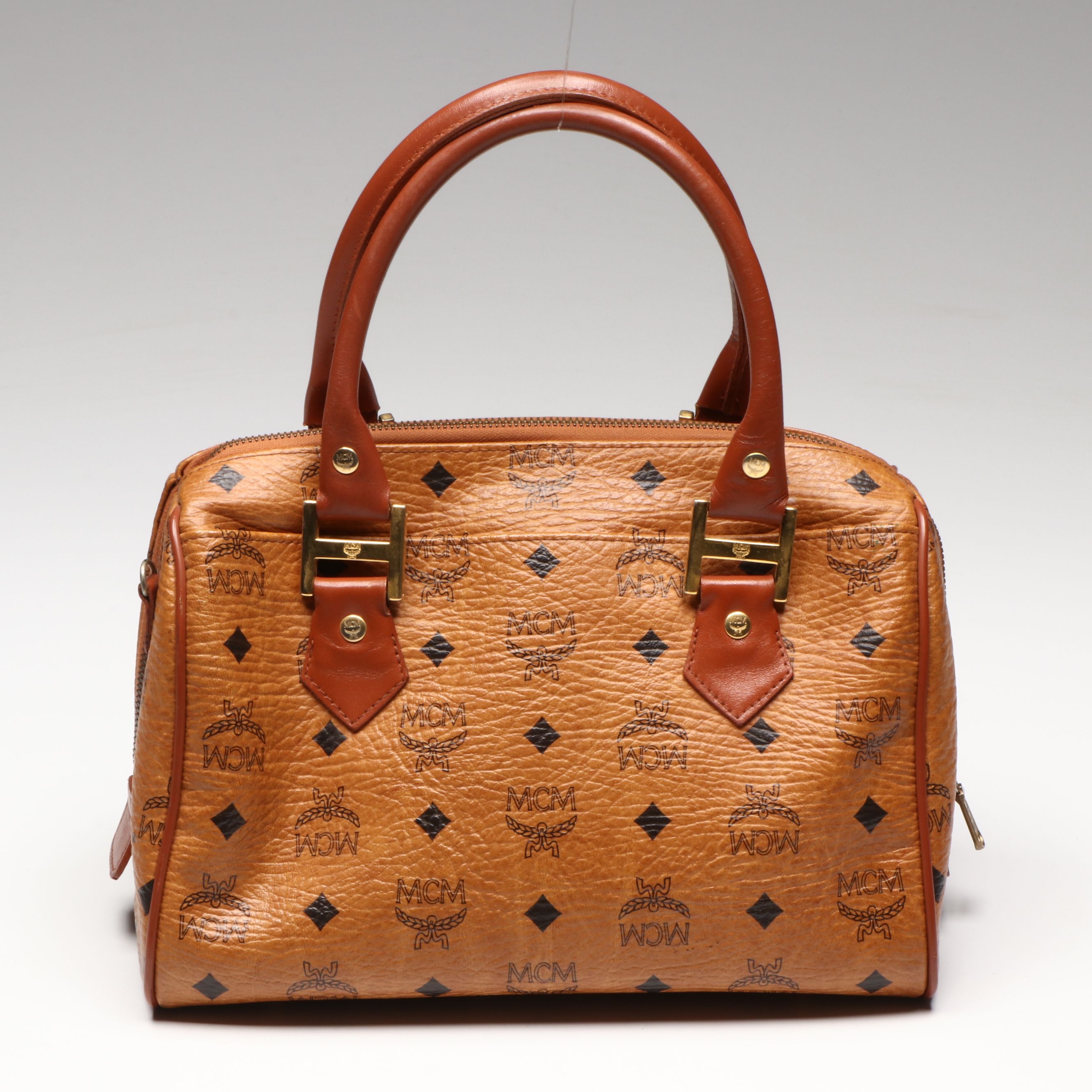 MCM Boston Crossbody Bag in Cognac Visetos Canvas and Leather