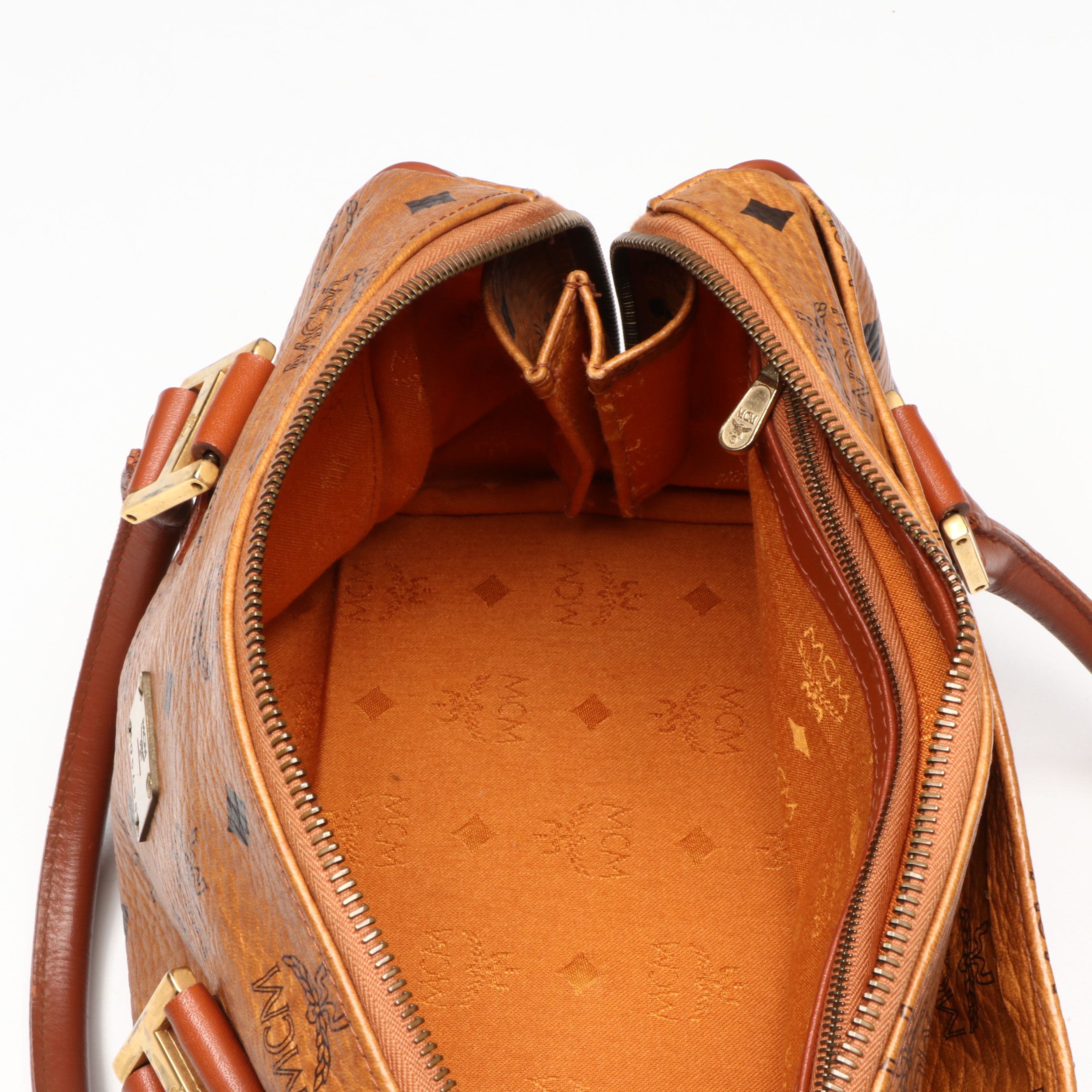 MCM Boston Crossbody Bag in Cognac Visetos Canvas and Leather