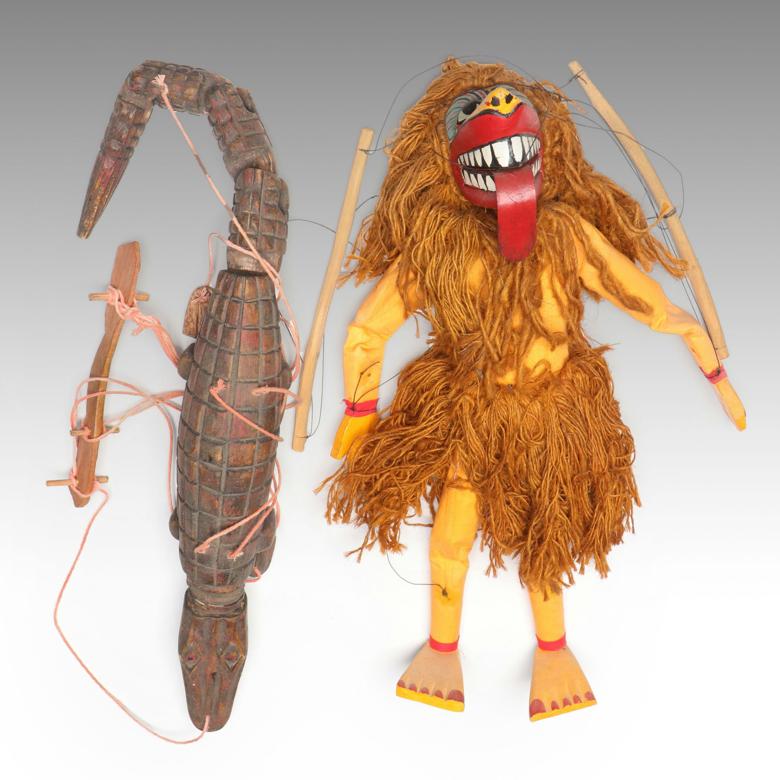 Hand-Carved Polychrome Wooden Alligator with Other Figural Marionette