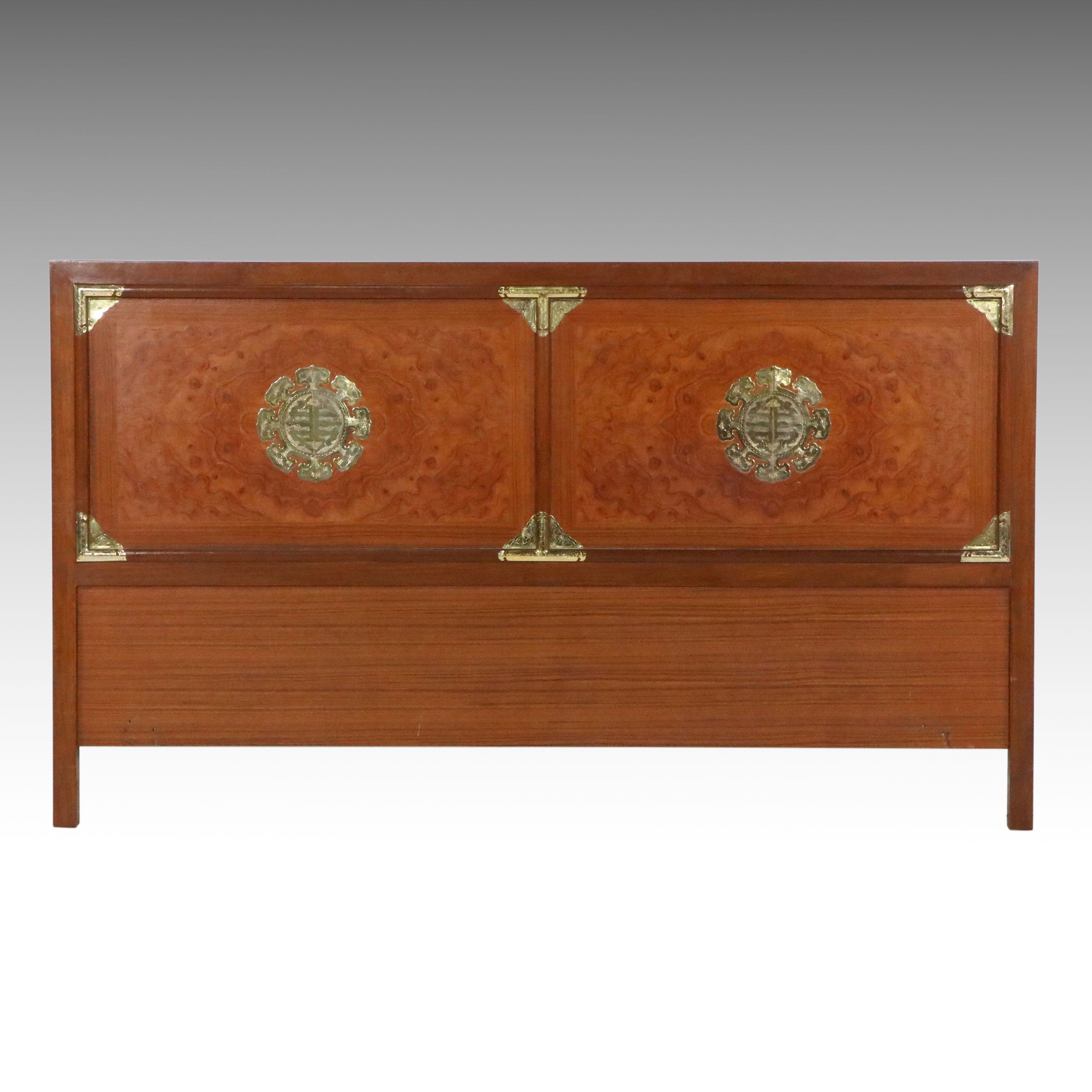 Mid-Century Chinese Style Headboard with Burl Wood and Brass Medallions