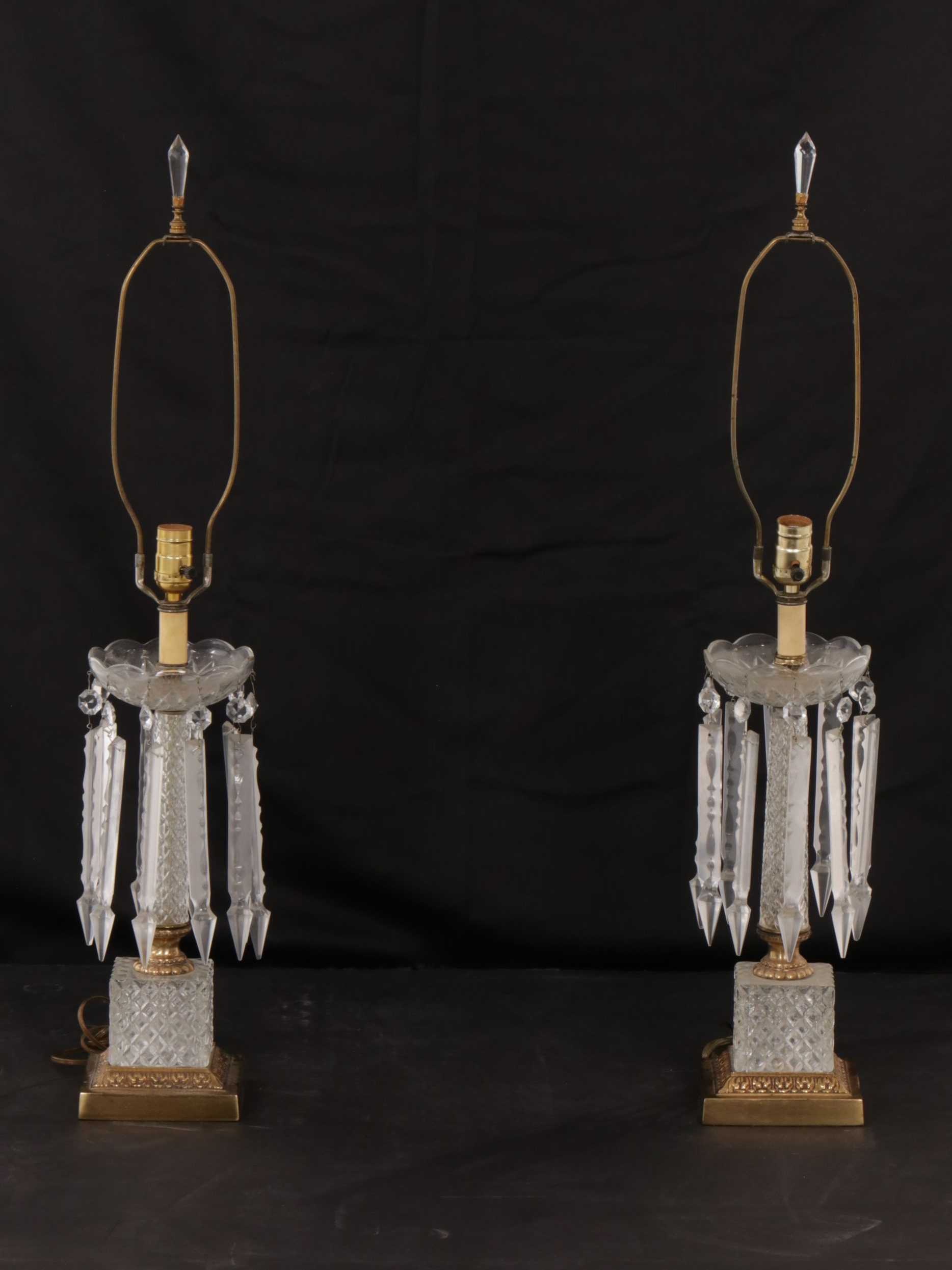 Cut Glass Mantle Luster Table Lamps with Hanging Prisms