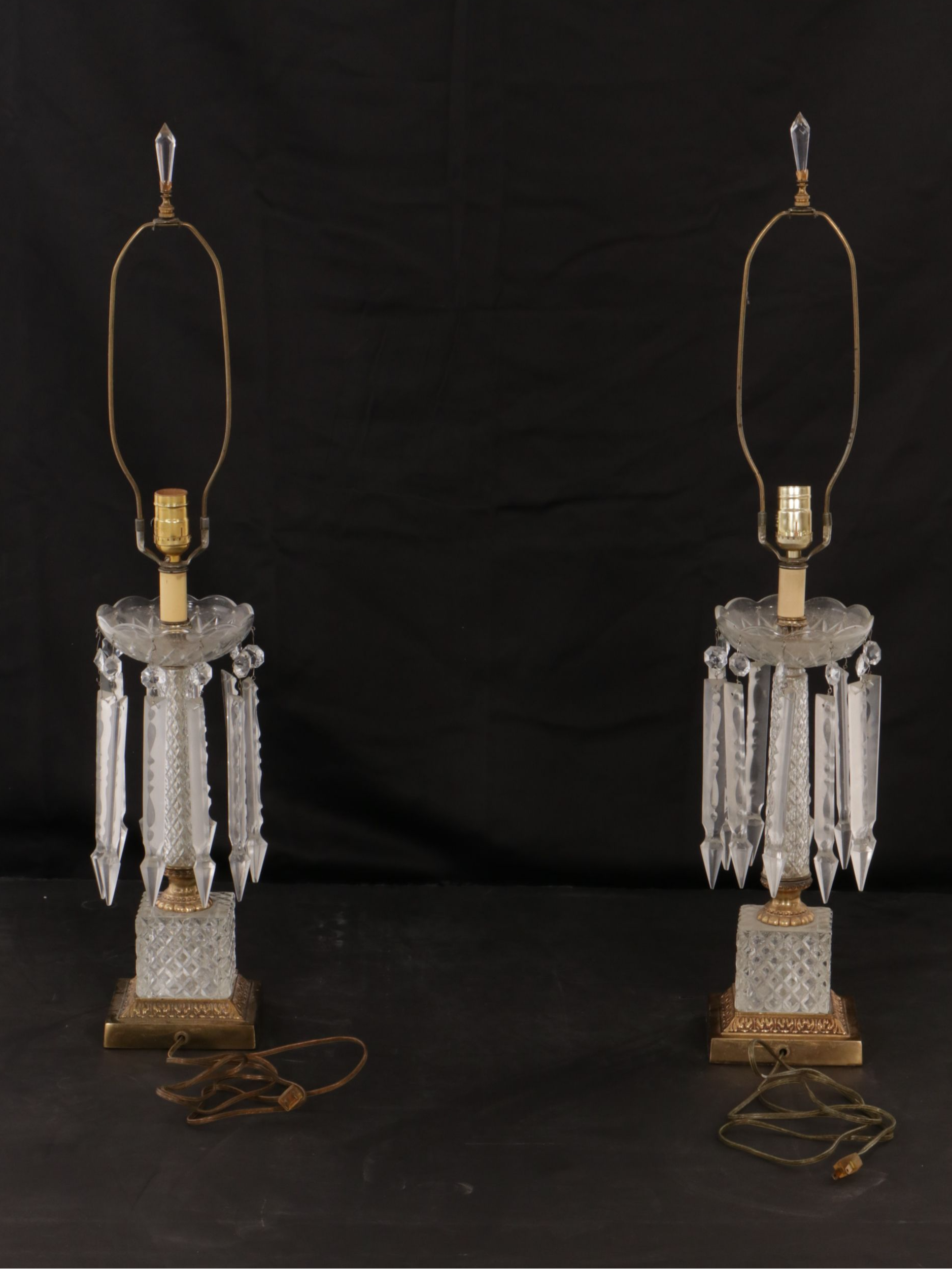 Cut Glass Mantle Luster Table Lamps with Hanging Prisms