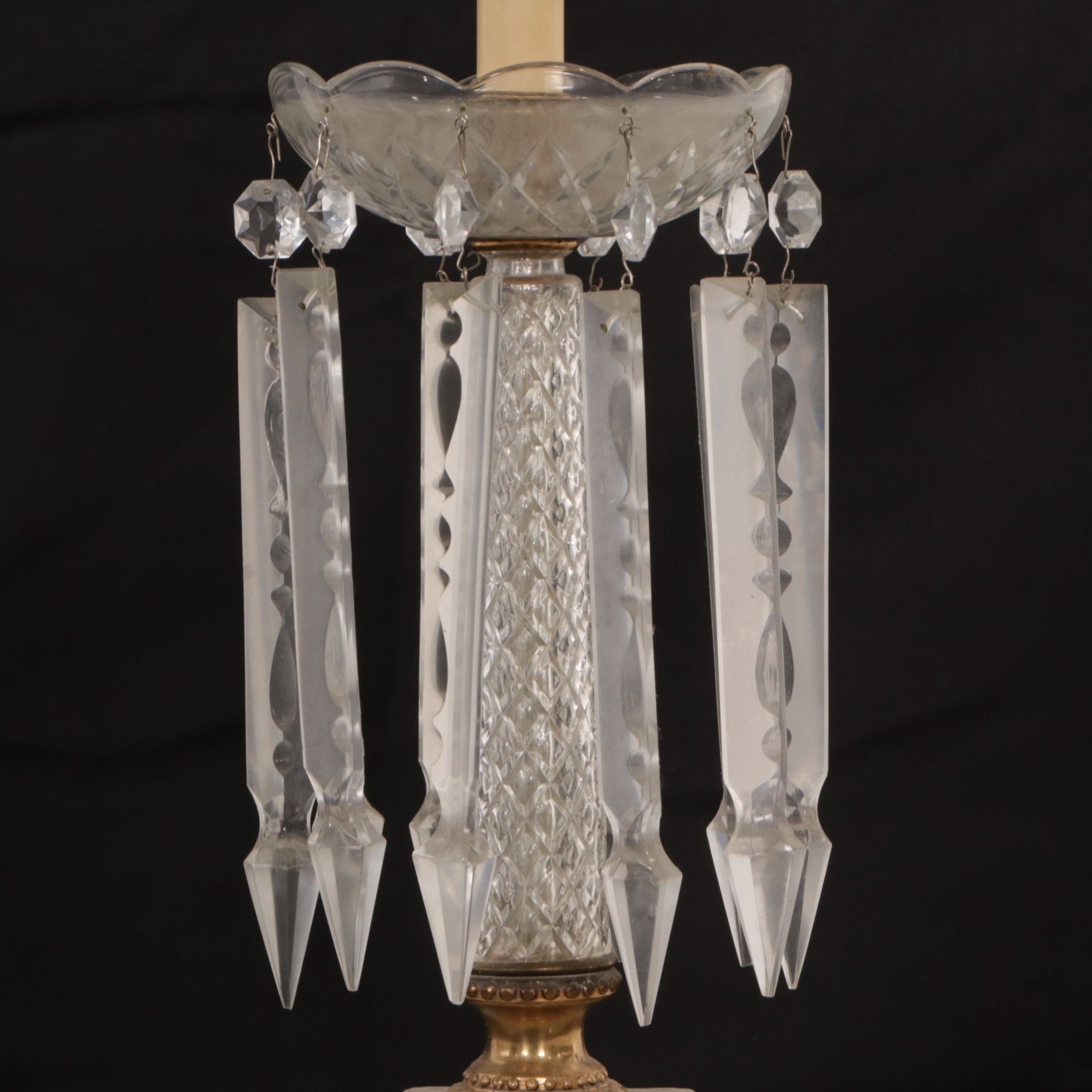 Cut Glass Mantle Luster Table Lamps with Hanging Prisms