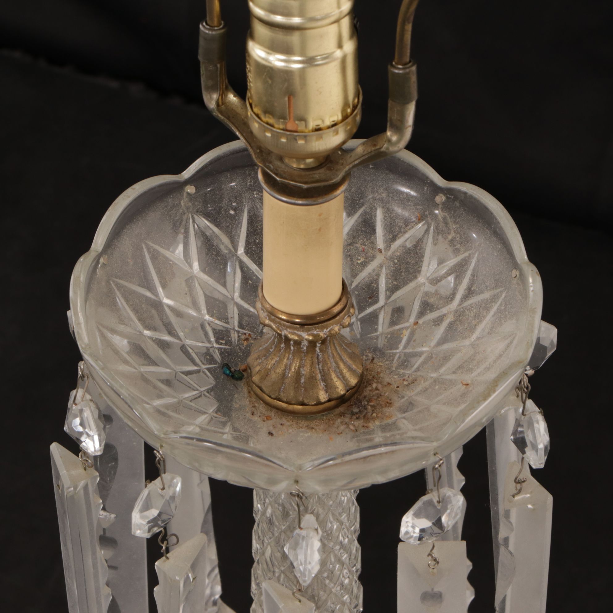 Cut Glass Mantle Luster Table Lamps with Hanging Prisms