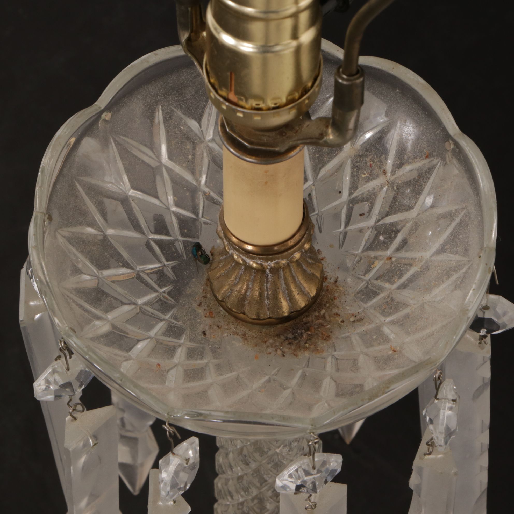 Cut Glass Mantle Luster Table Lamps with Hanging Prisms