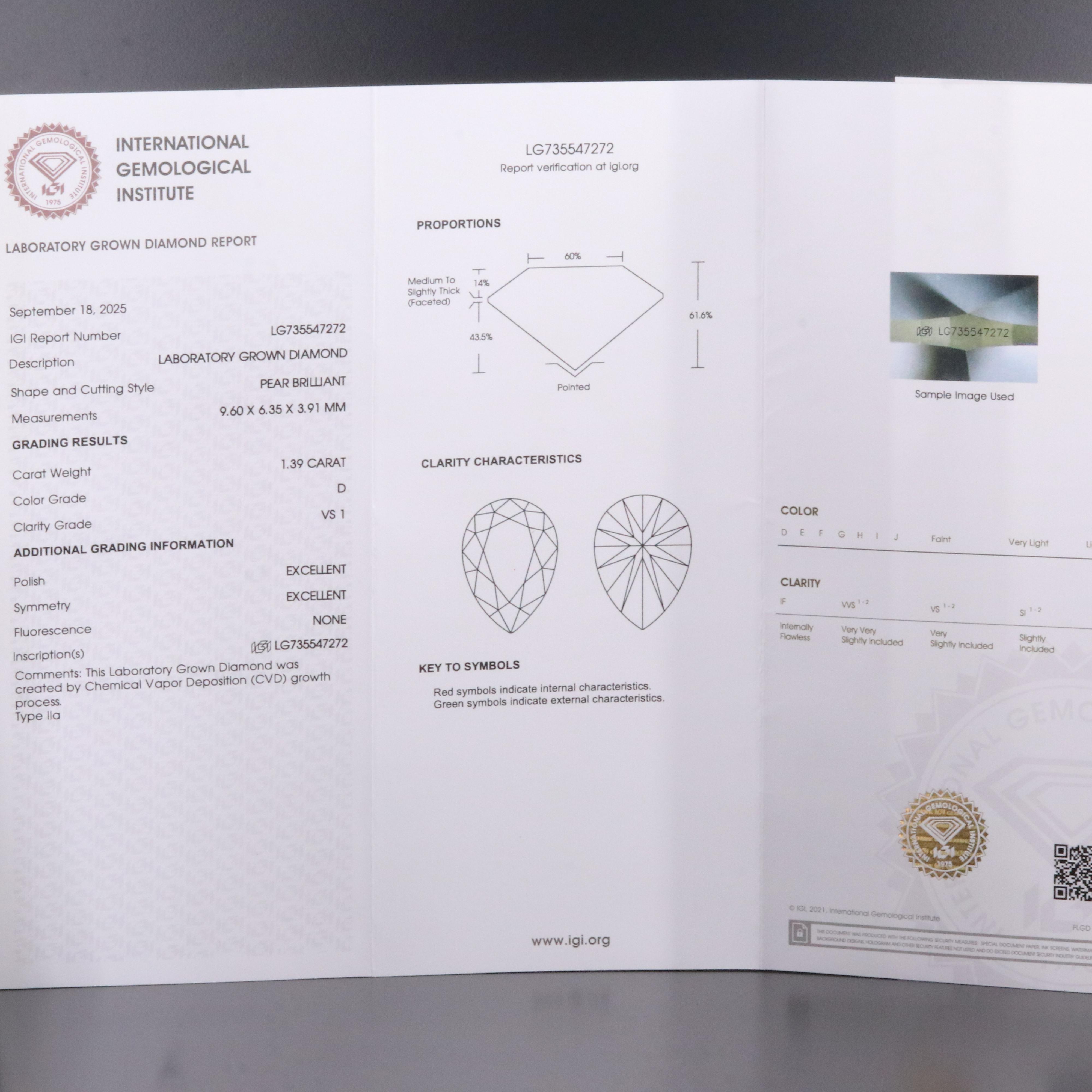 Loose 1.39 CT Lab Grown Diamond with IGI Report