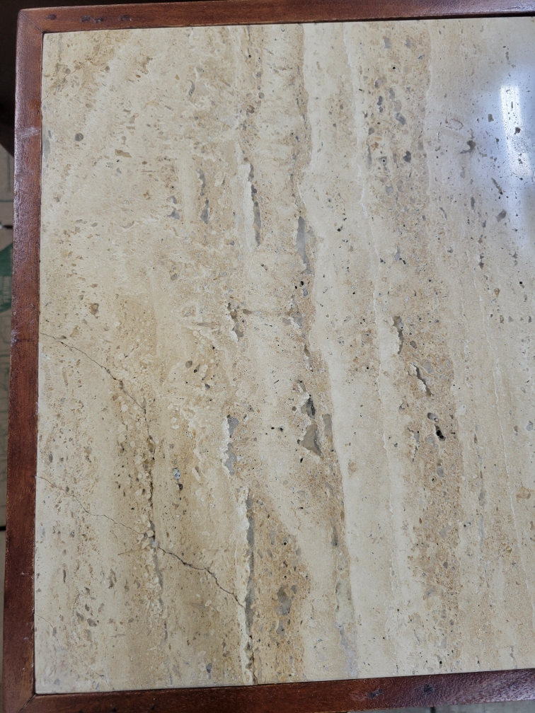 Pair of Contemporary Geometric Front Wooden Side Tables with Marble Tops