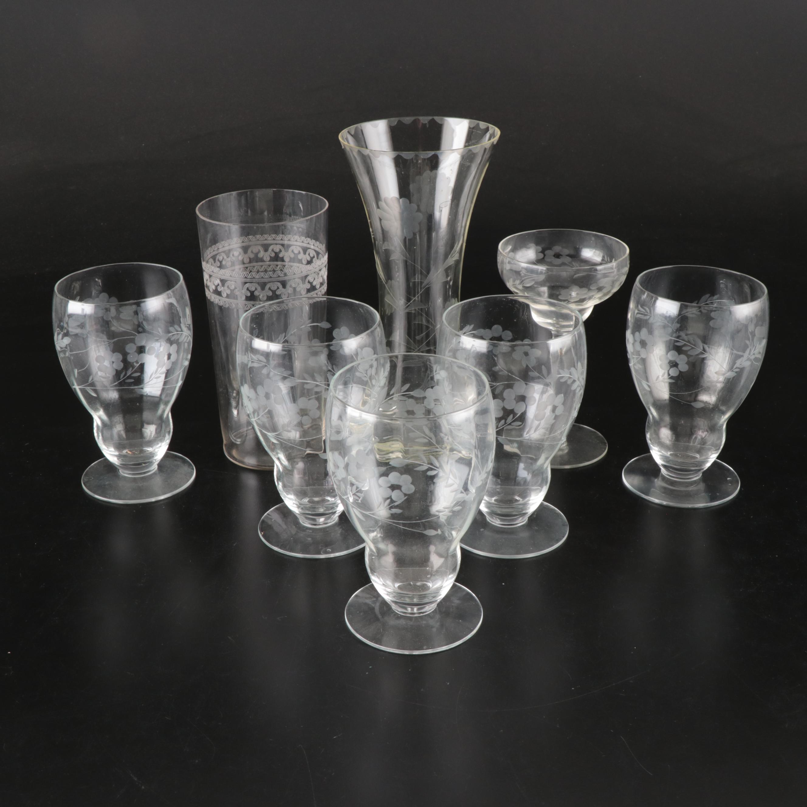 Needle Etched and Other Tumblers and Vase, Early to Mid-20th Century