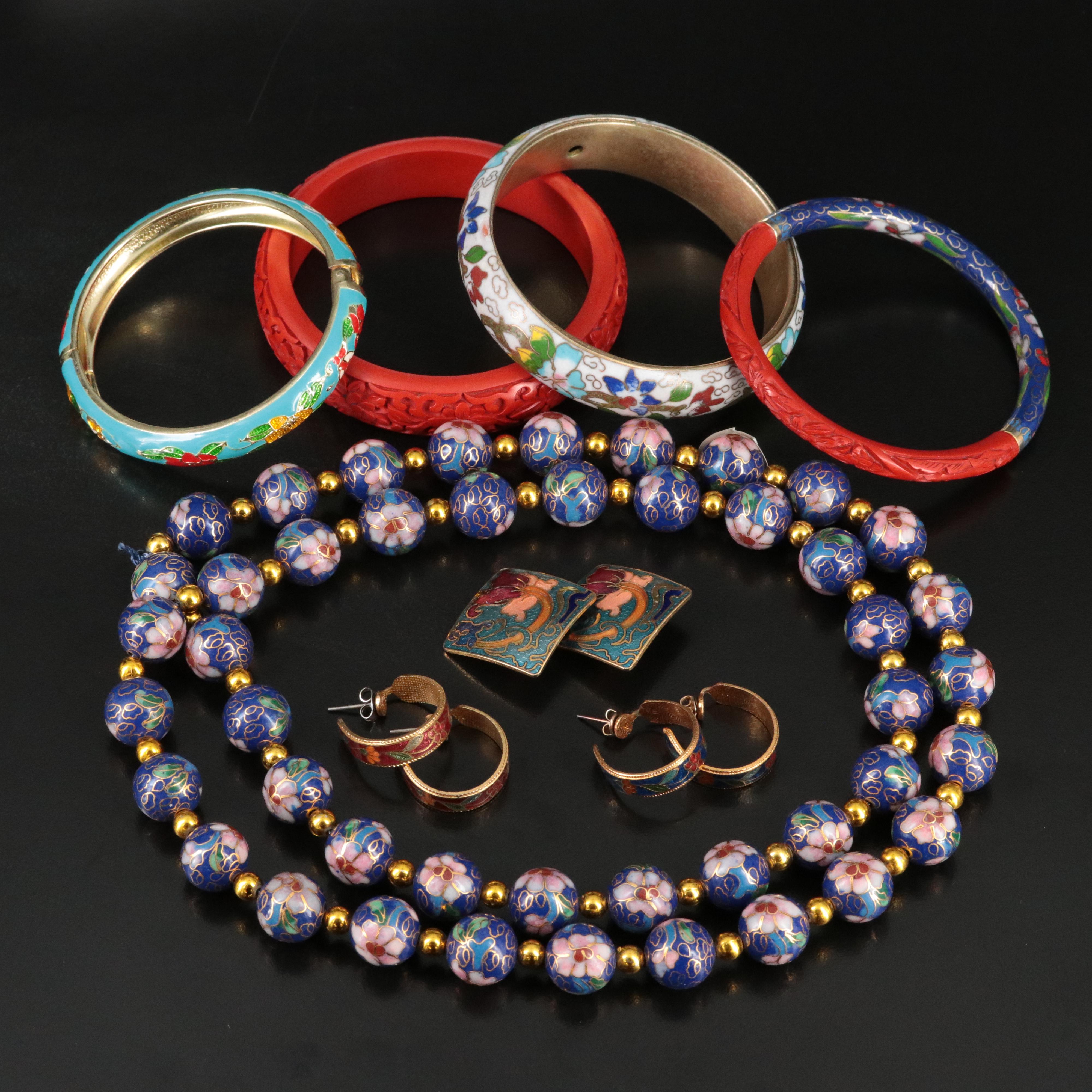 Cloisonné and Faux Cinnabar Featured in Jewelry Assortment