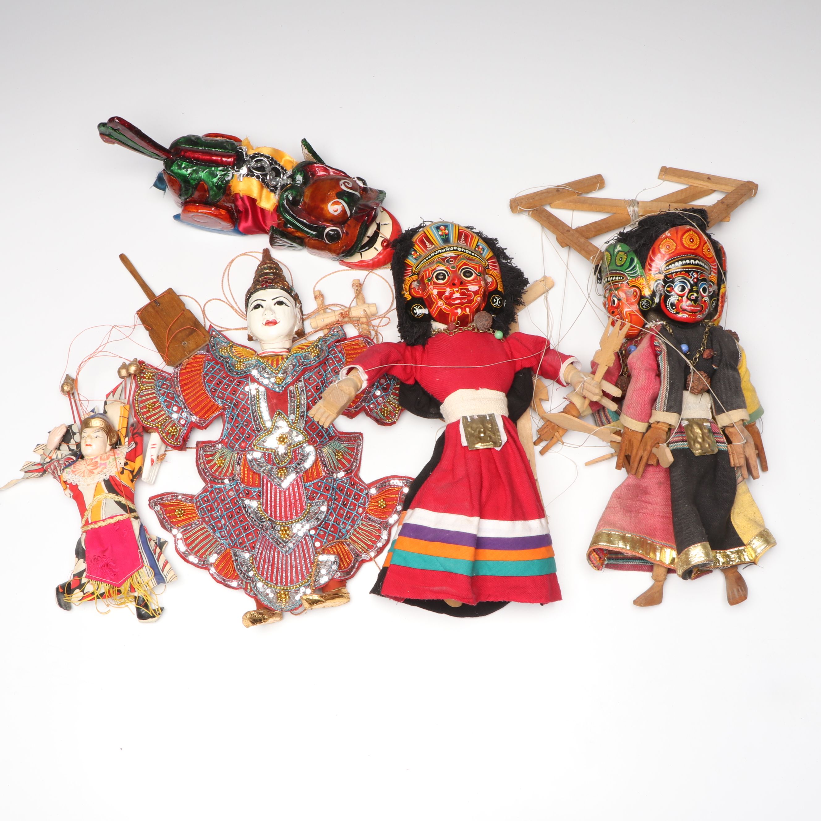 Chinese Hand Puppet with Nepalese and Embellished Thai Marionettes