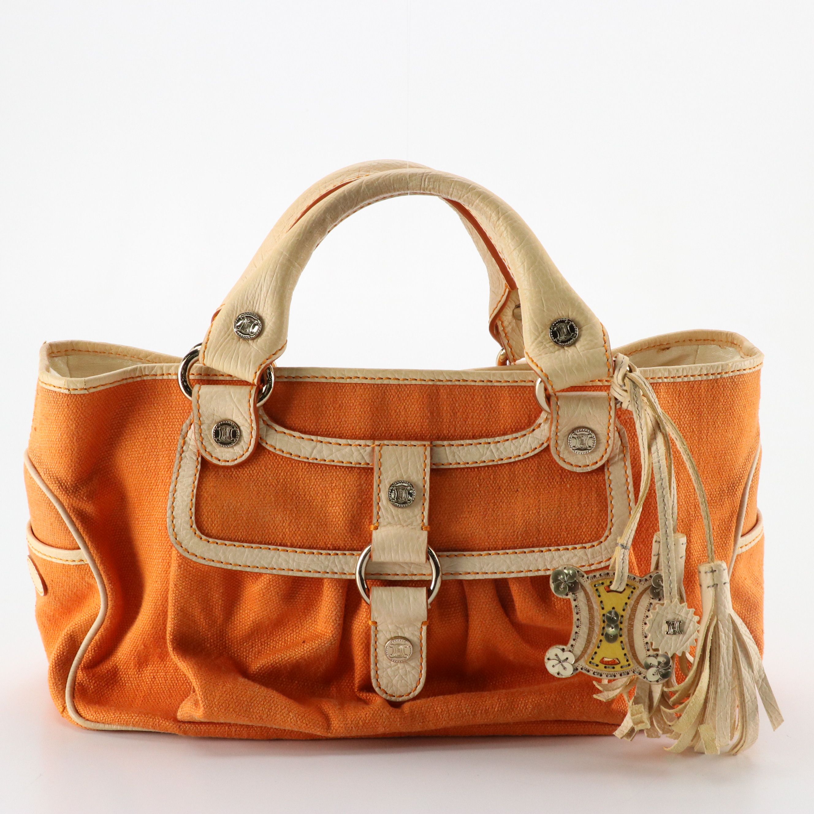 Celine Boogie Bag in Orange Canvas and White Leather Trim
